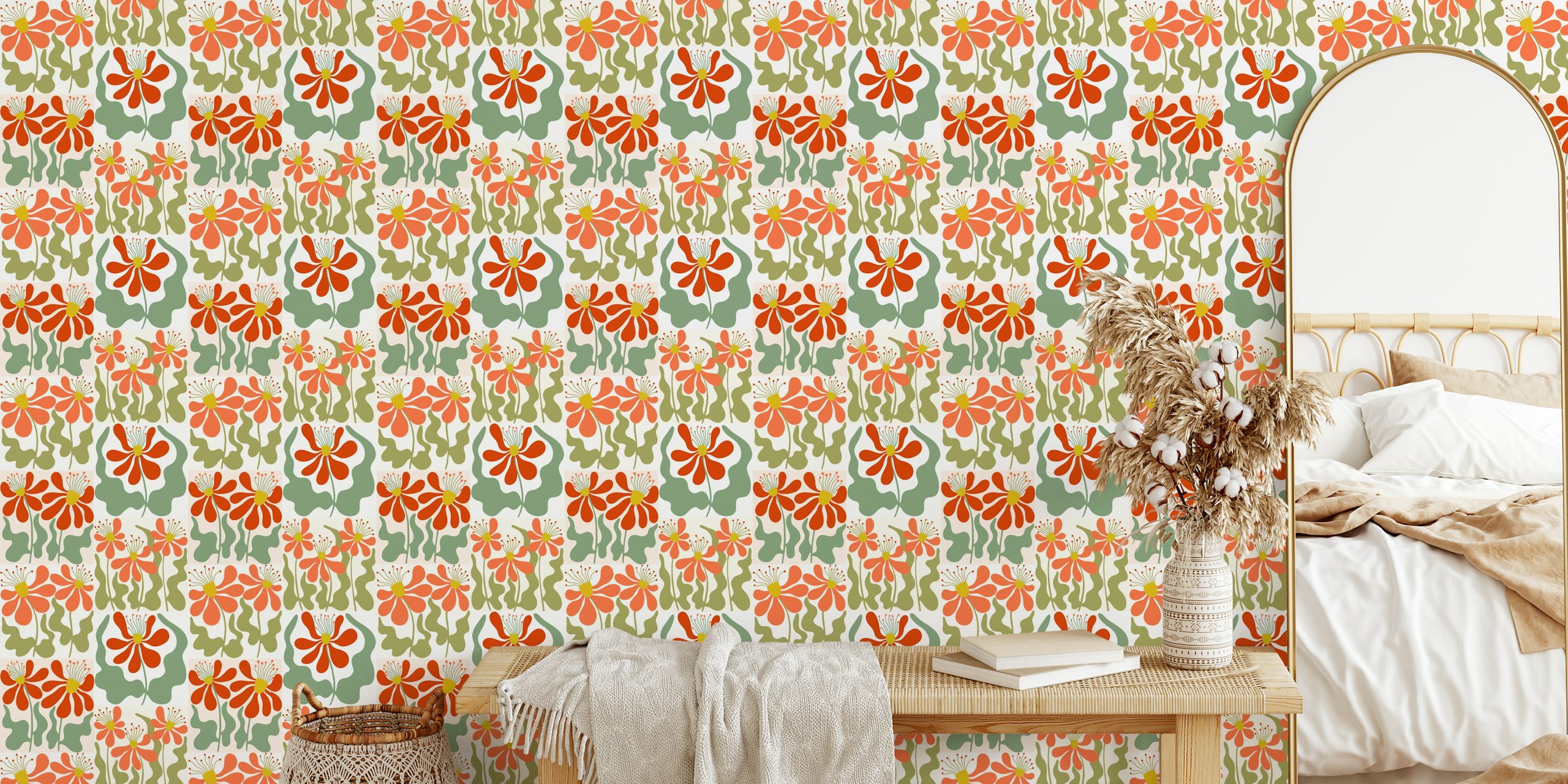 Tapete mit roten und orange Retro flowers