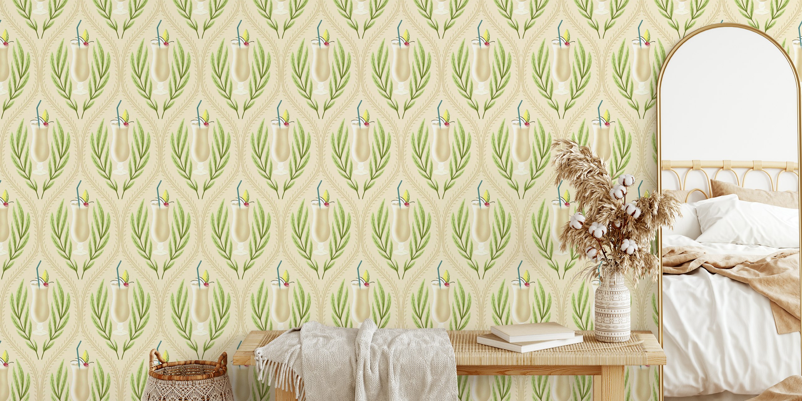 Pina colada cocktails with green leaves on cream background wallpaper