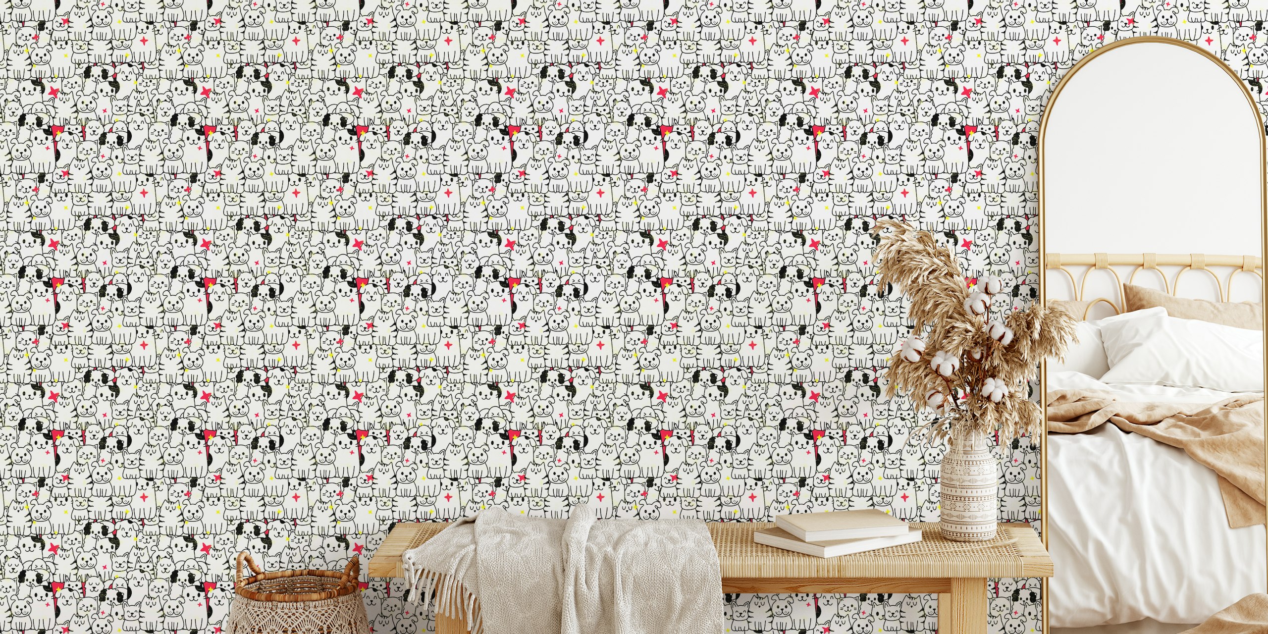 Cute cartoon dogs and cats design in black, white, and colorful stars wallpaper