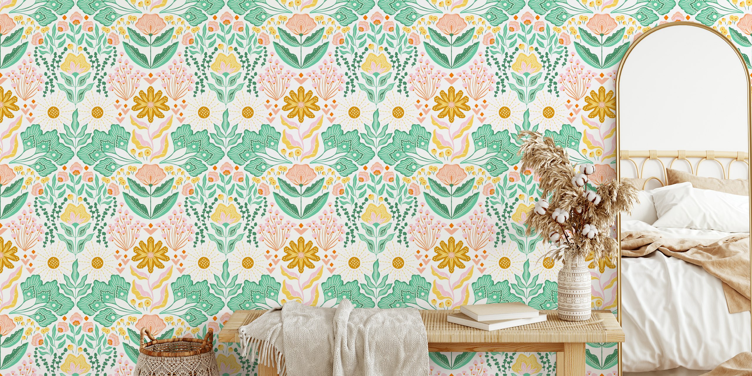Vivid Wanderer Folk Floral wall mural with colorful and intricate botanical patterns