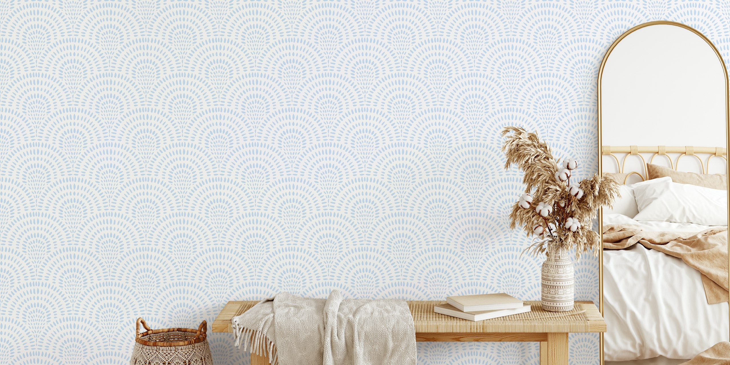 Scallops wallpaper design in soft blue and creamy white