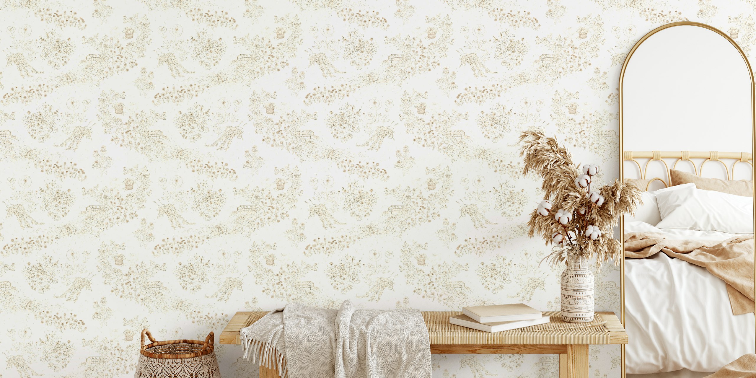Whimsical garden toile wallpaper in a room