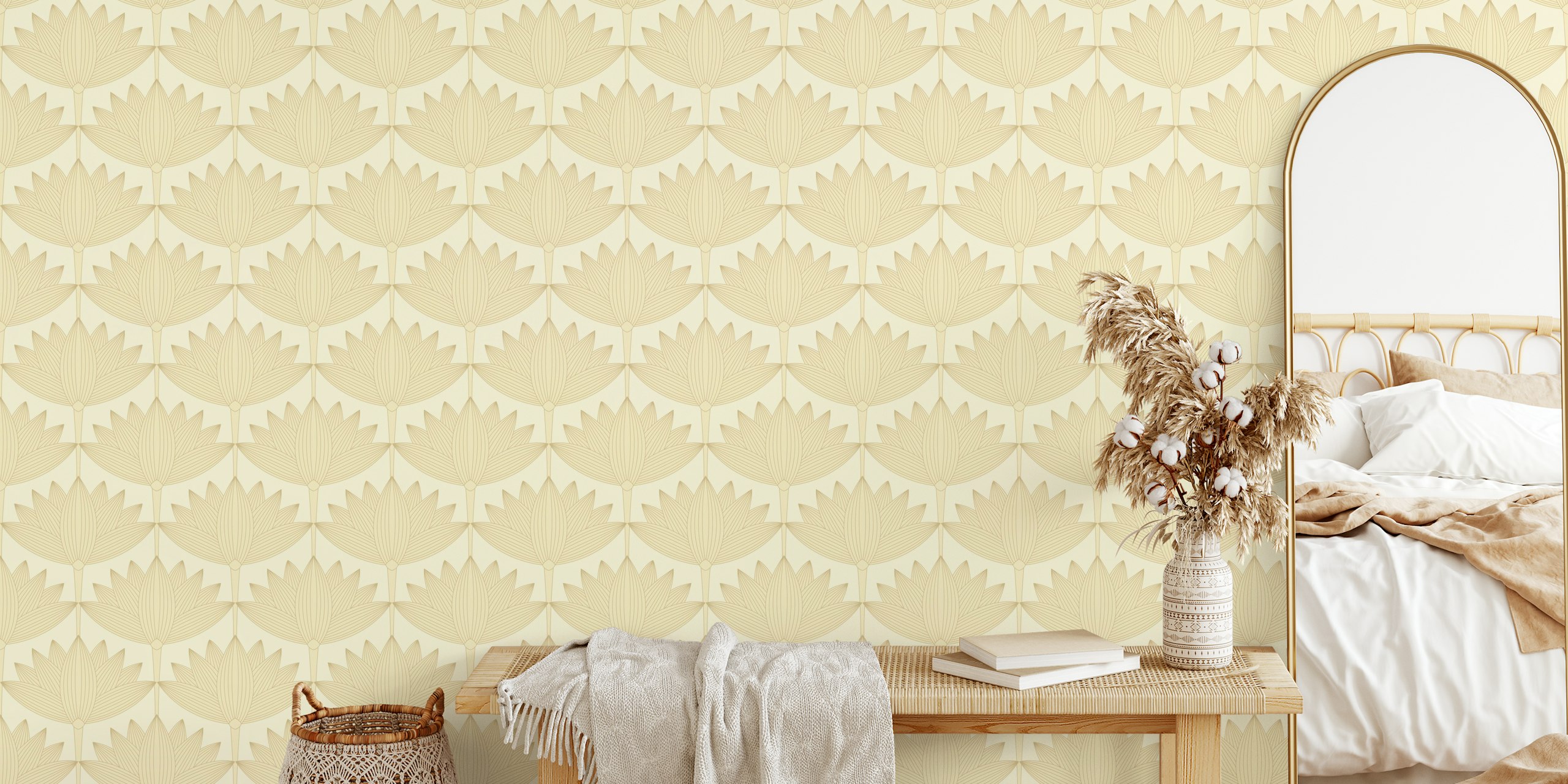 Lotus Art Deco tapet i beige og creme