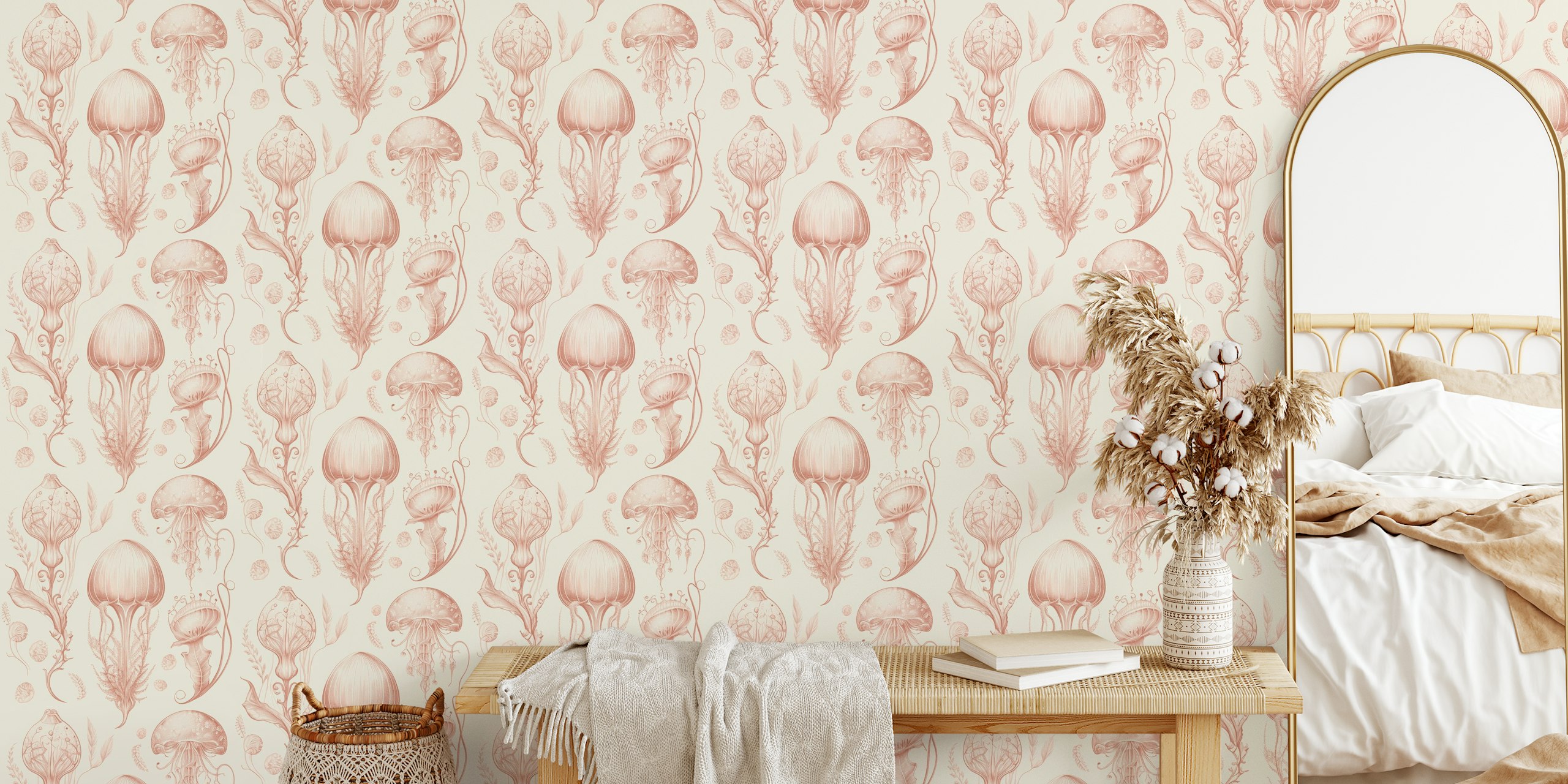 Jellyfish and marine elements in peach tones wallpaper