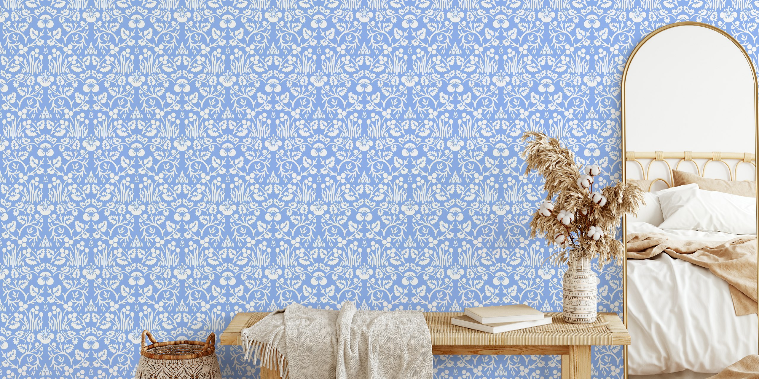 Vintage floral pattern in white on light blue background wallpaper