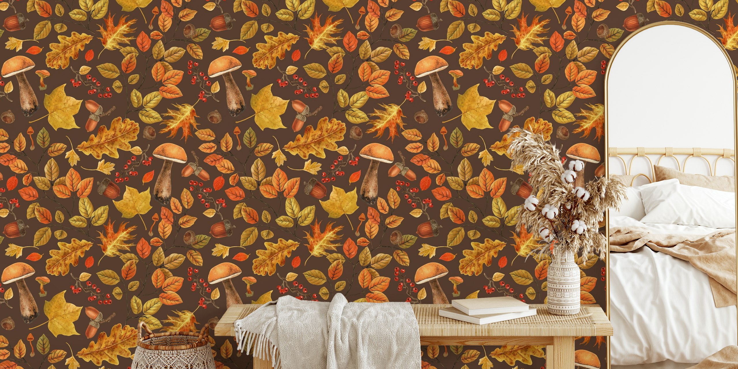 Autumnal forest wallpaper design με φύλλα και μανιτάρια