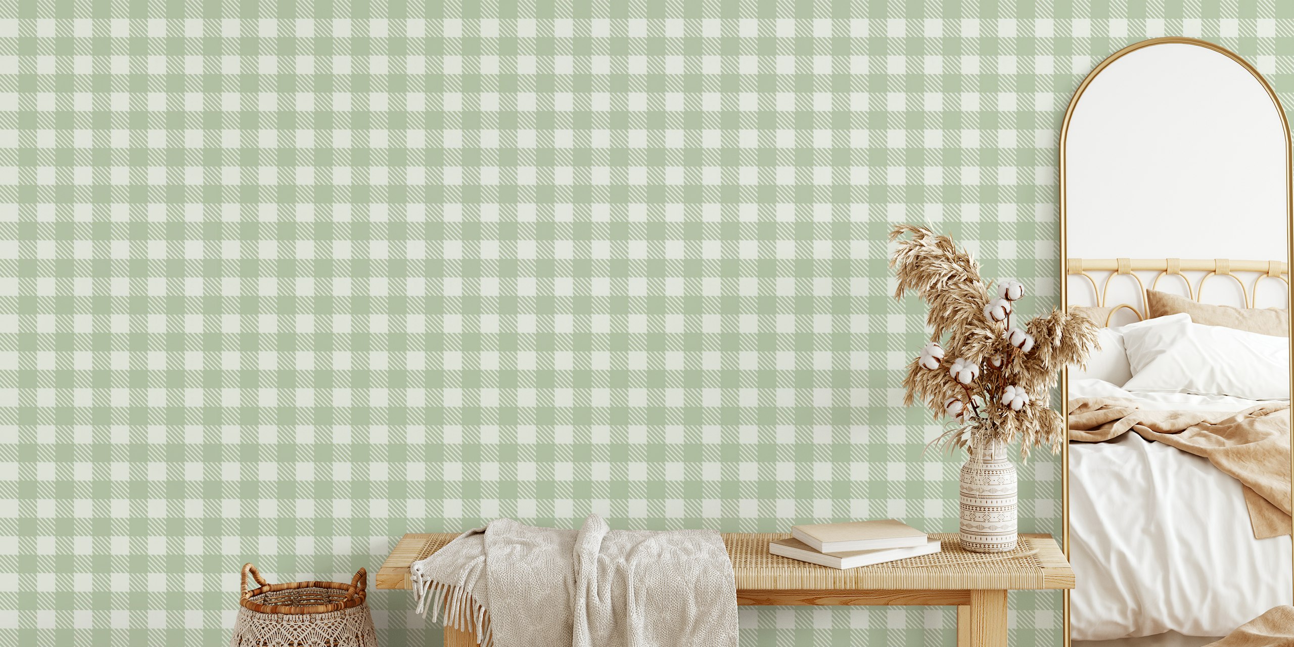 Gingham pattern in green and white on wallpaper