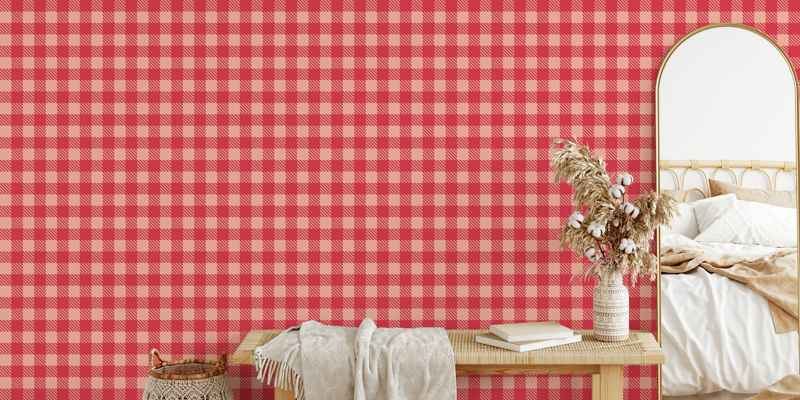 Charming Classic Gingham Pattern Peach Red ταπετσαρία σε ένα δωμάτιο