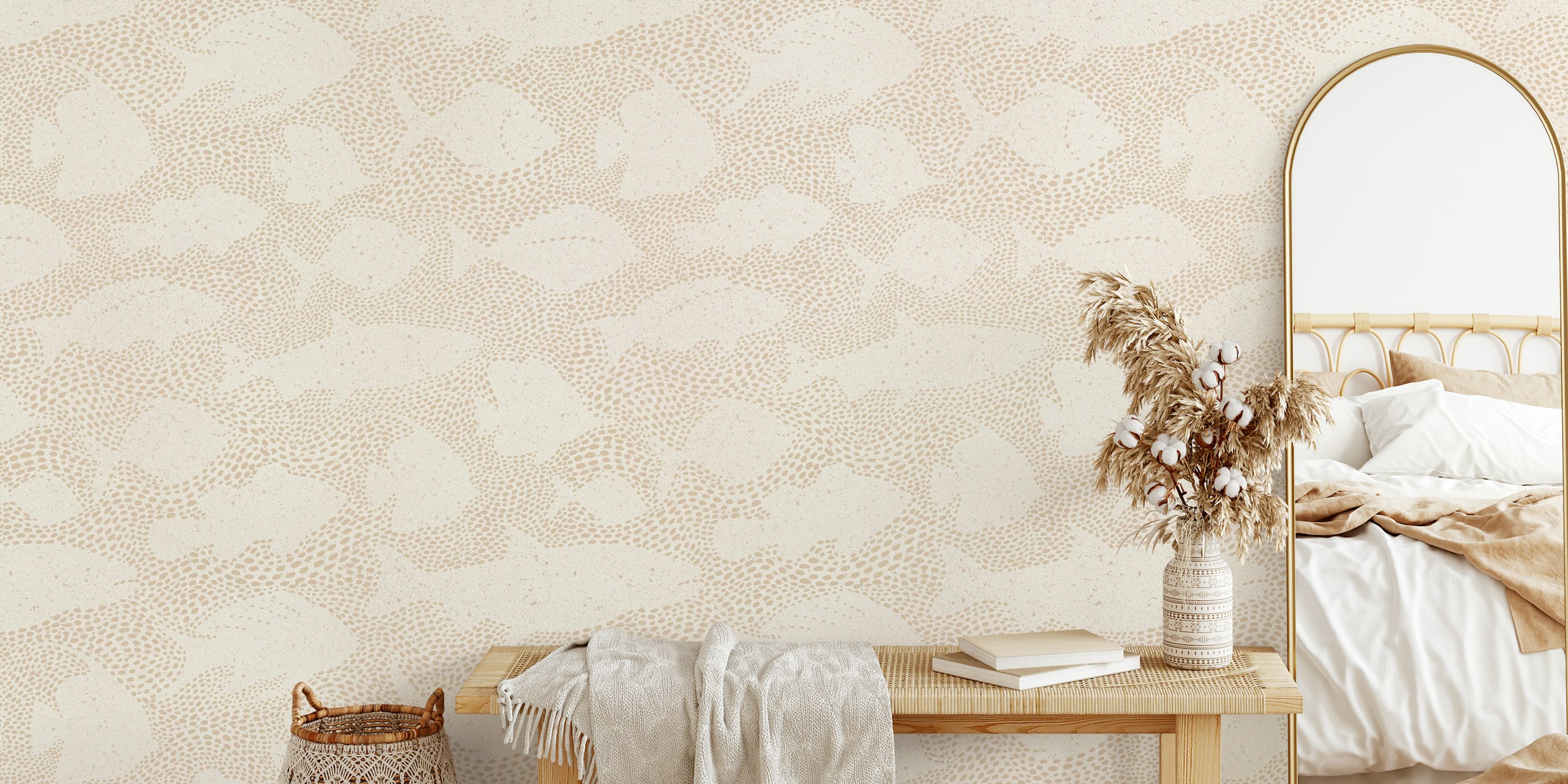 Subtle fish motifs in beige and ecru colors, textured wallpaper