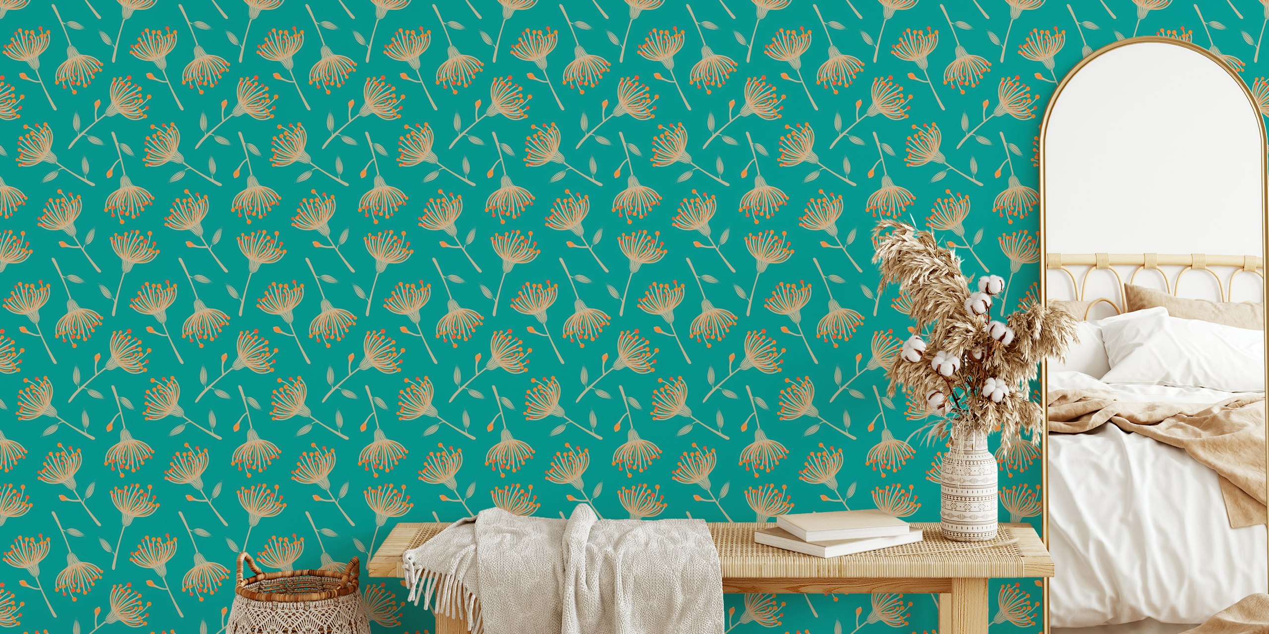 Eucalyptus floral design in turquoise and sand wallpaper