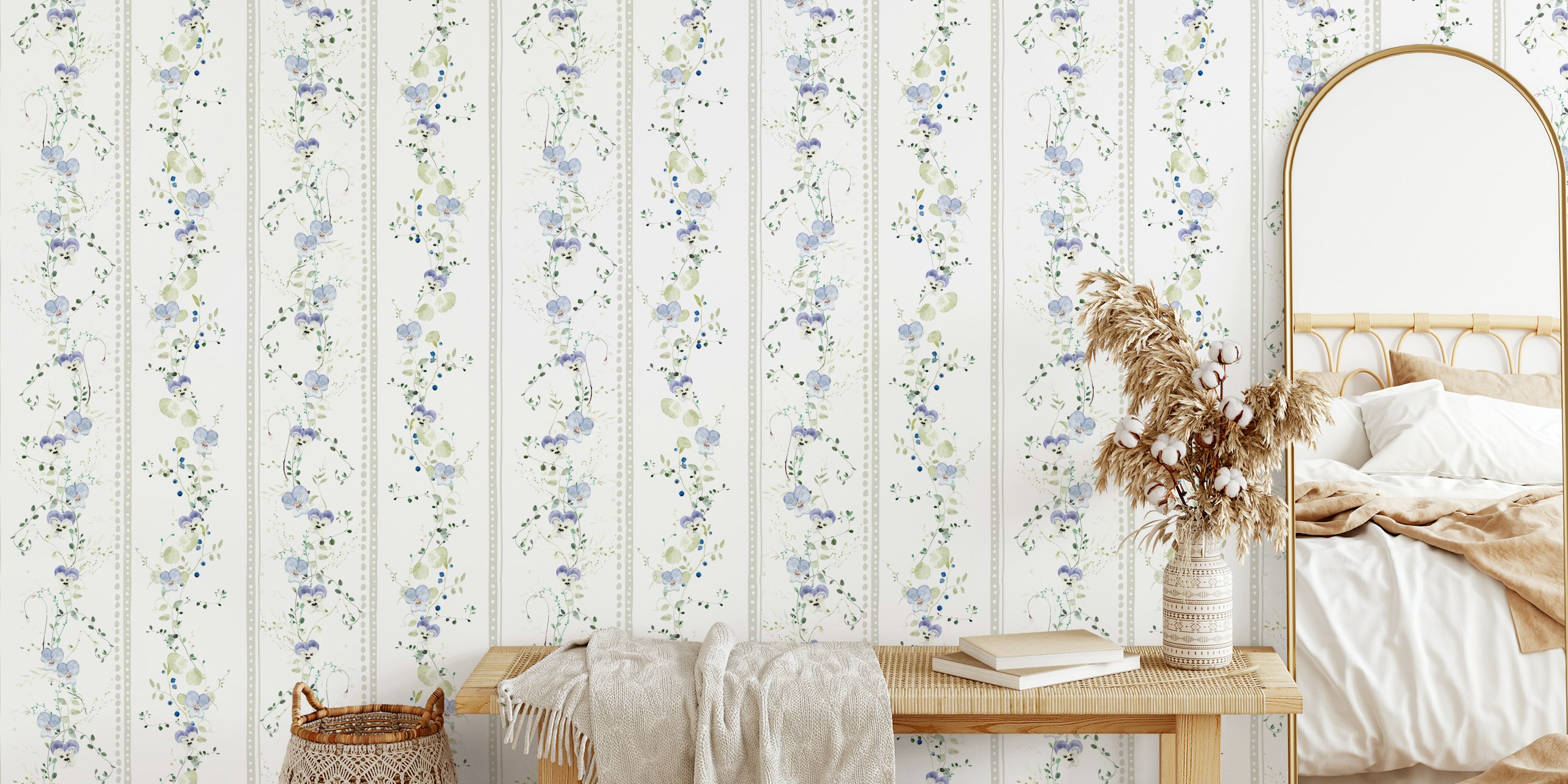 Floral pattern in gray and blue with delicate vines and leaves wallpaper