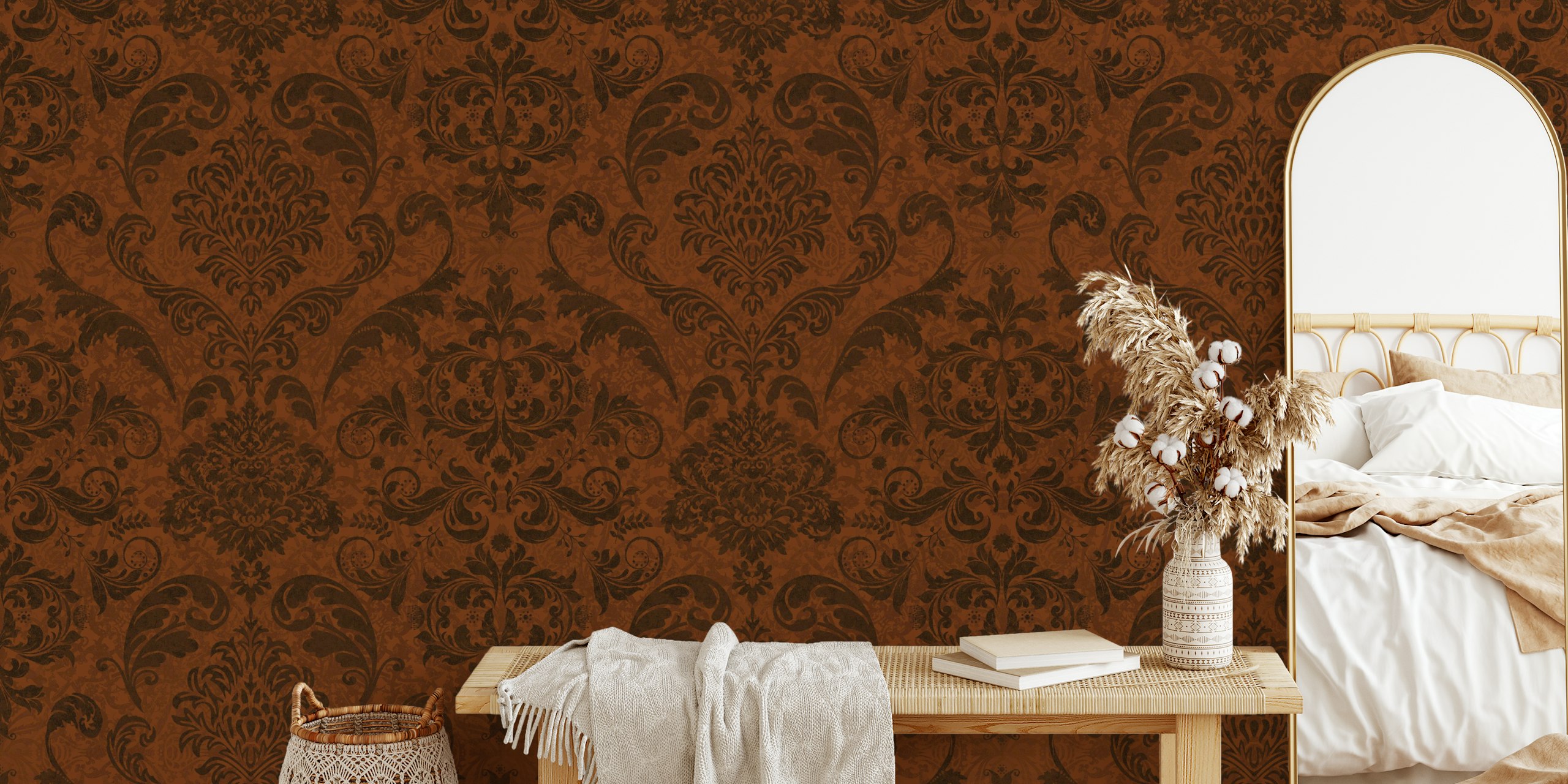 Dark vintage damask wallpaper pattern in amber maroon