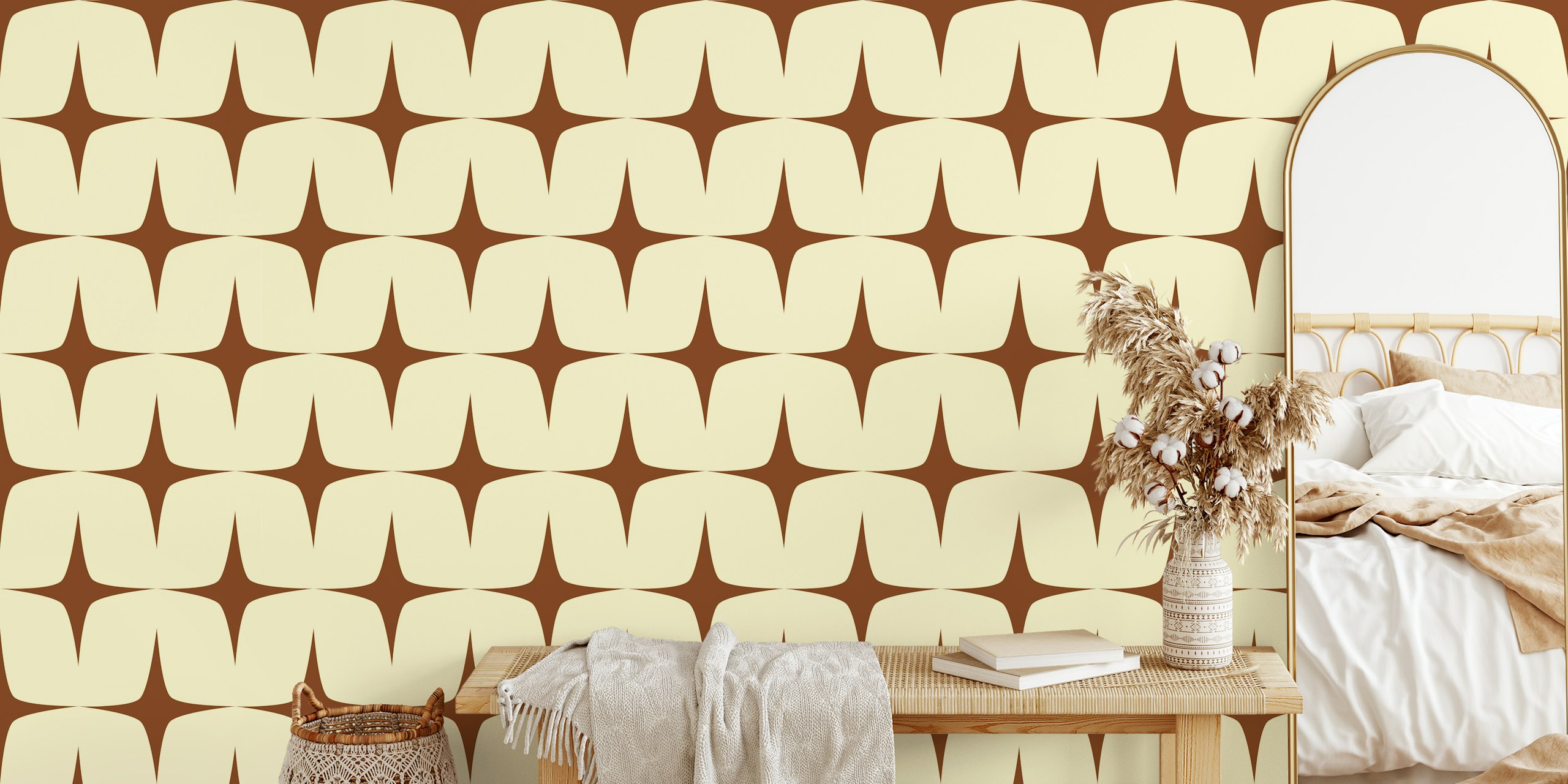 Mid century geometric starburst pattern in burnt umber and ivory wallpaper
