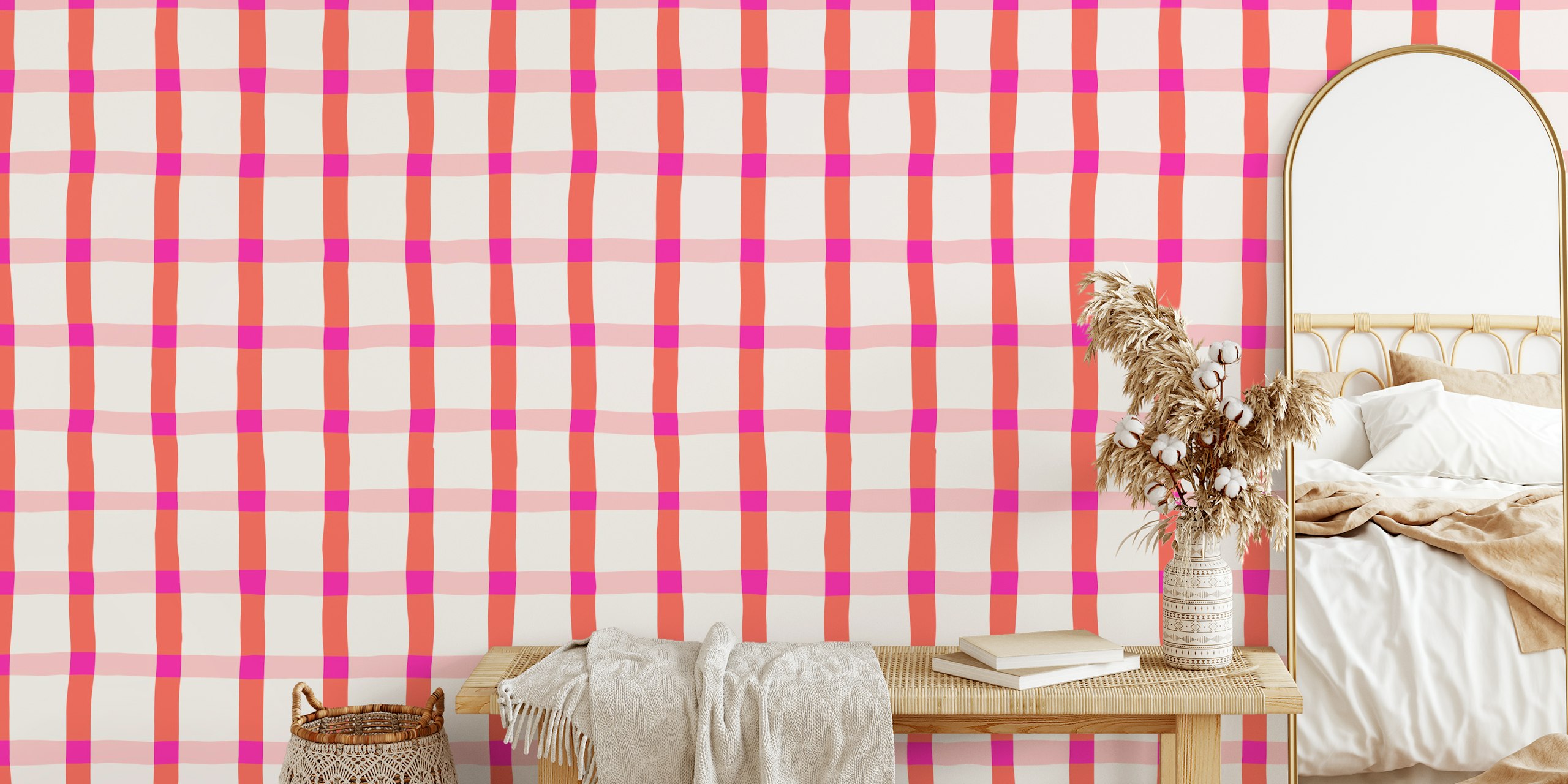 Pink and coral plaid pattern wallpaper