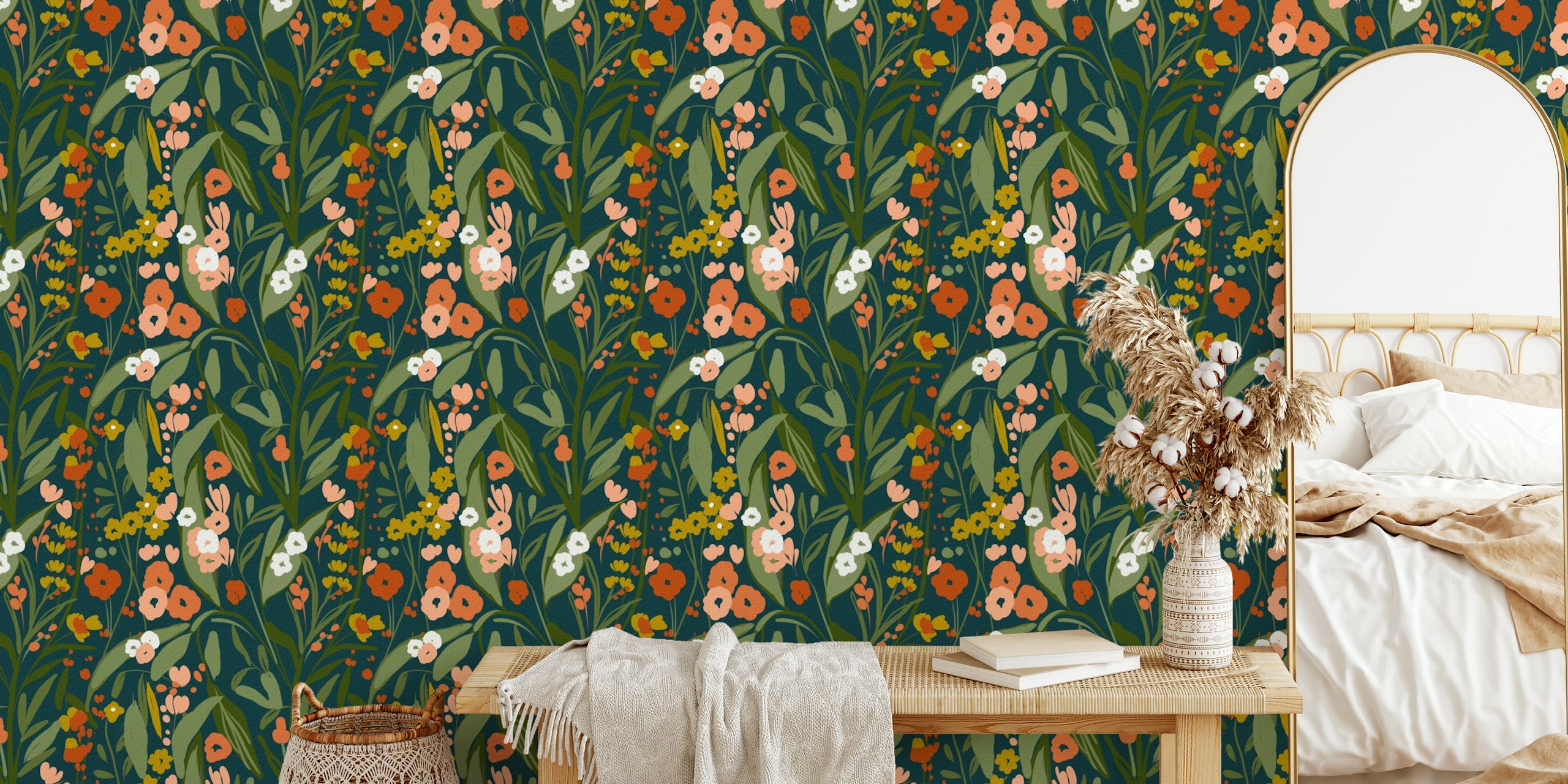 Colorful floral pattern with green background wallpaper