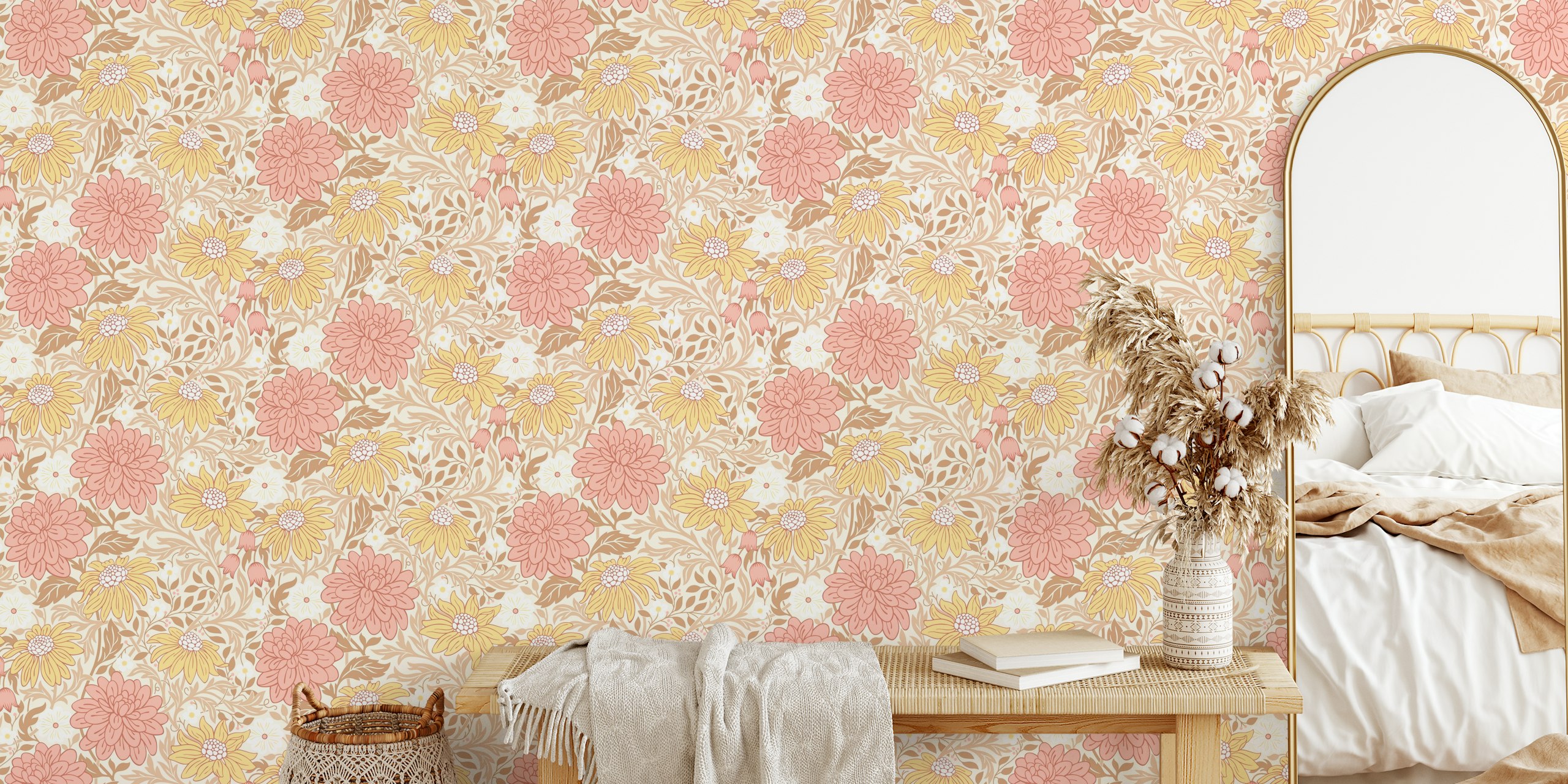Floral wallpaper design in a room setting