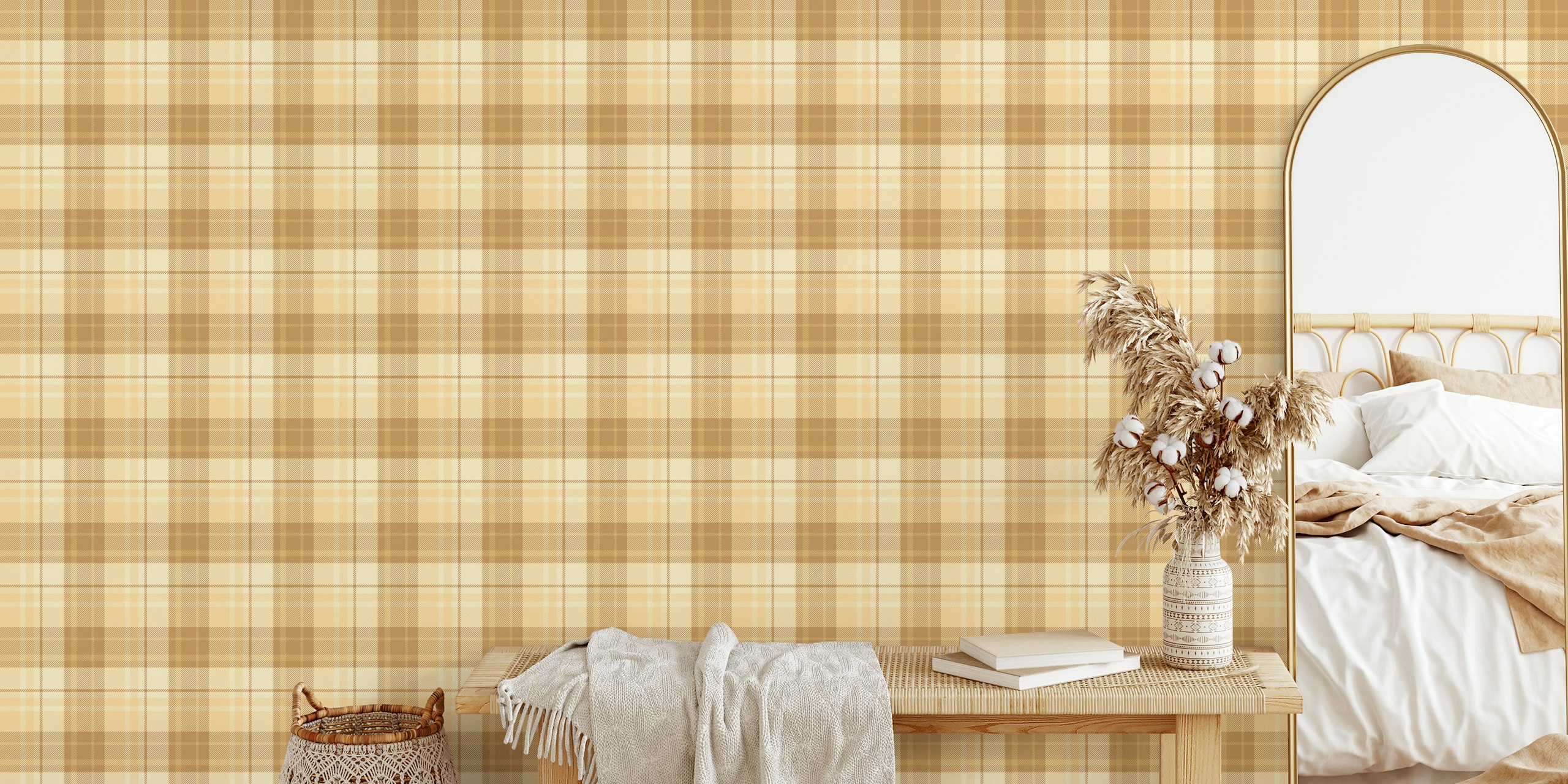 Tartan Scotland beige wallpaper in a room