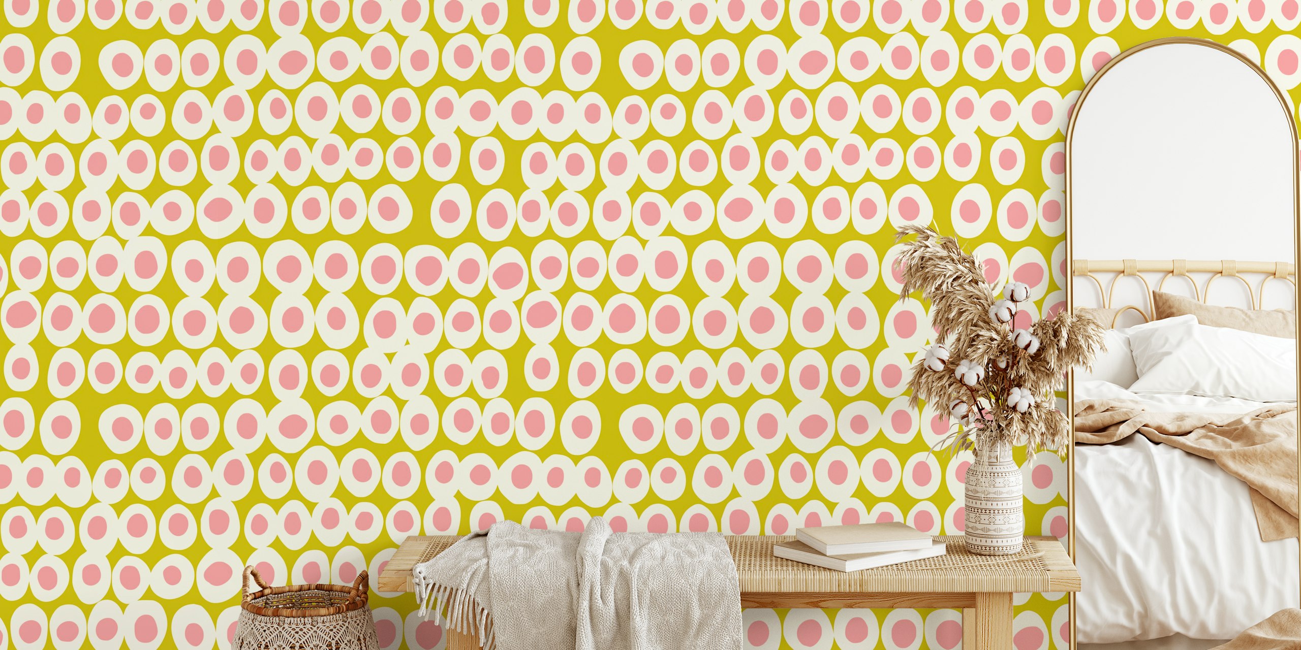 Bold dots in pink and olive on a cream background wallpaper