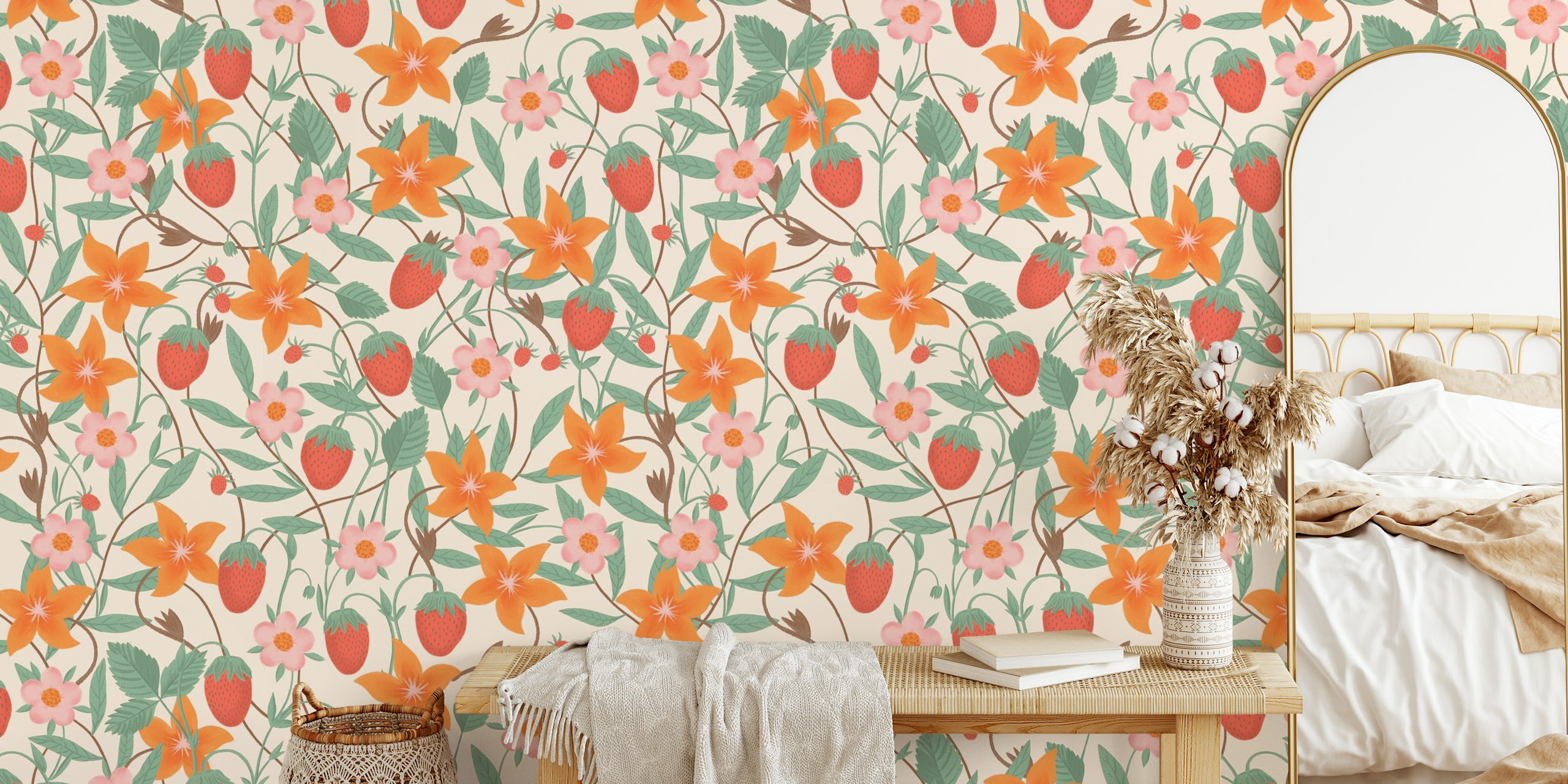 Colorful strawberries and flowers on cream background wallpaper