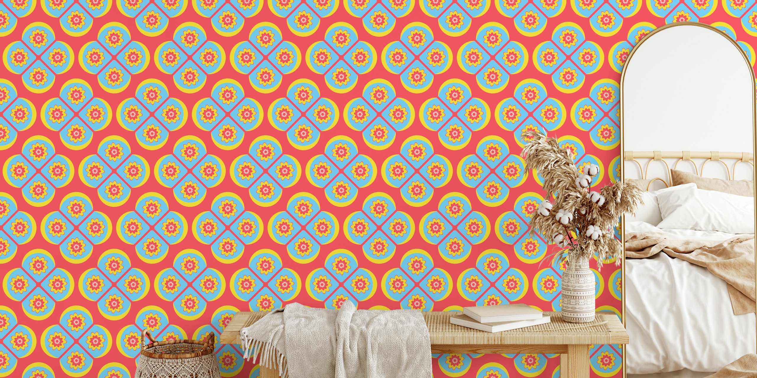 Colorful blue, yellow, and red floral geometric wallpaper
