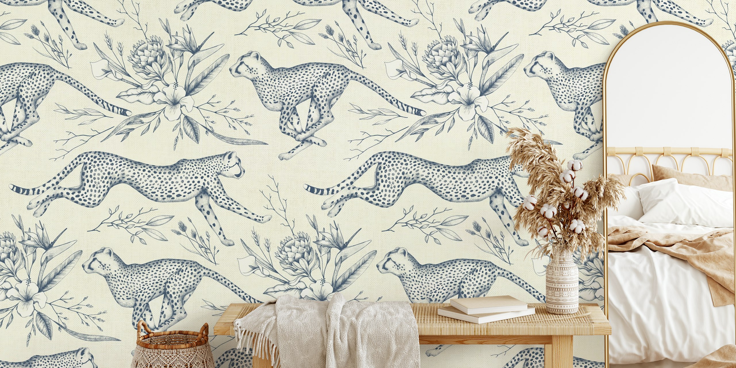Safari Cheetah Toile wallpaper in a room