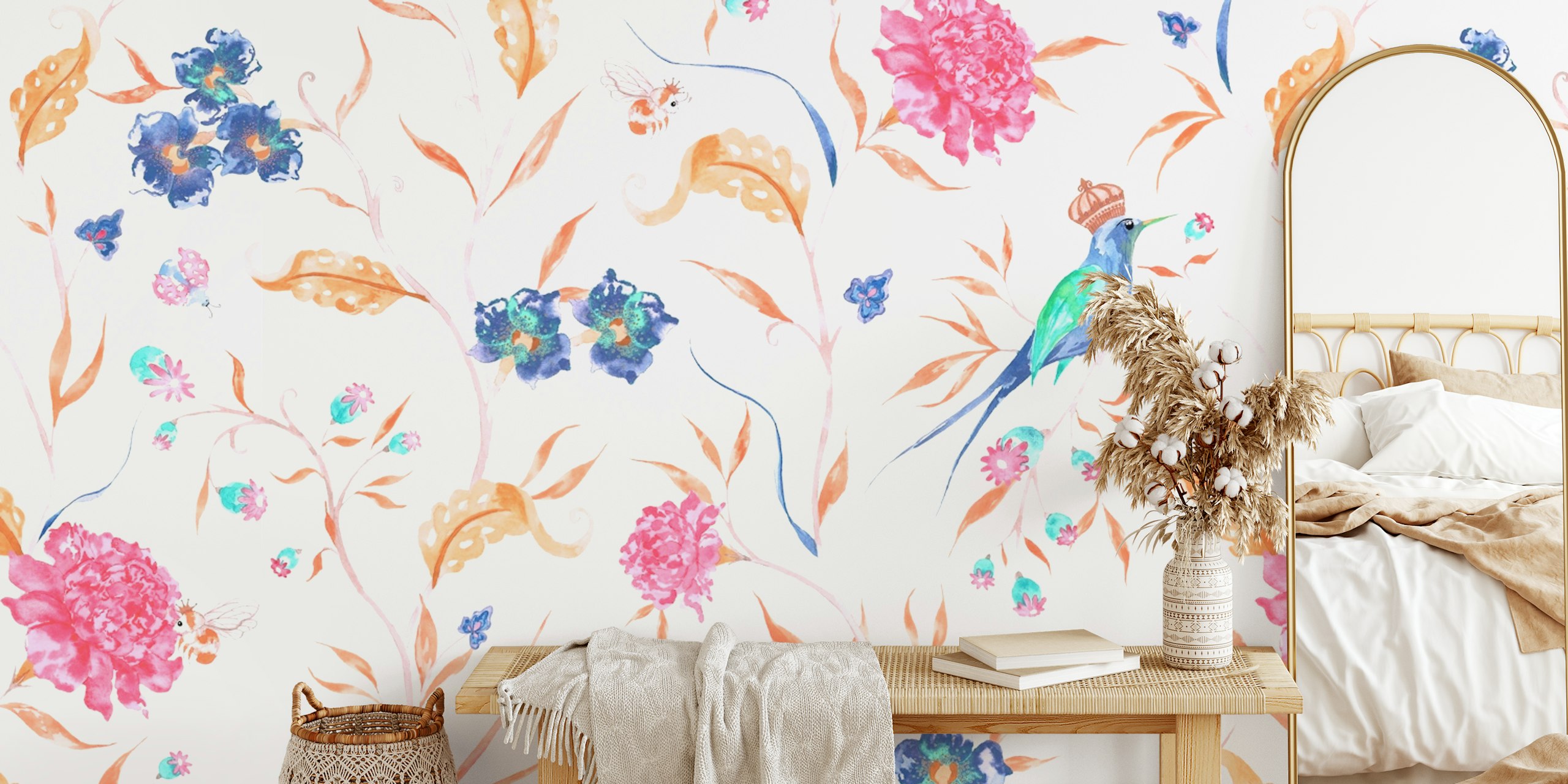 Colorful floral pattern with pink and blue flowers and birds wallpaper