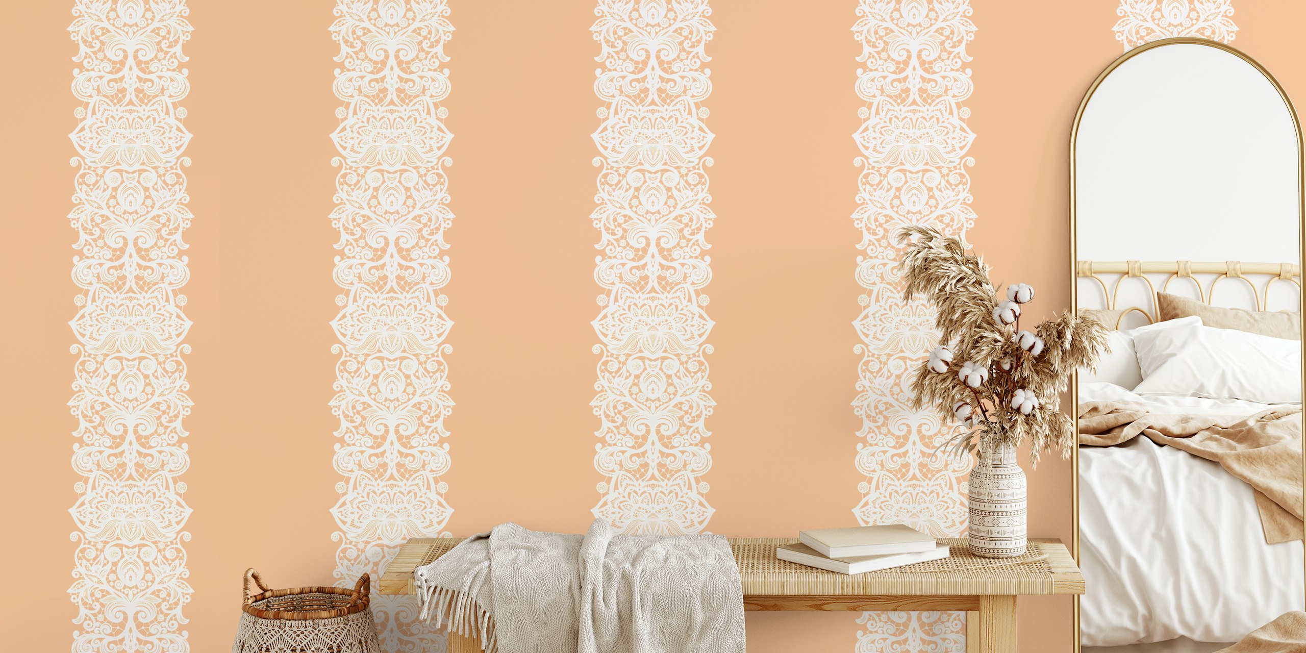 Wallpaper with white lace stripes on peach