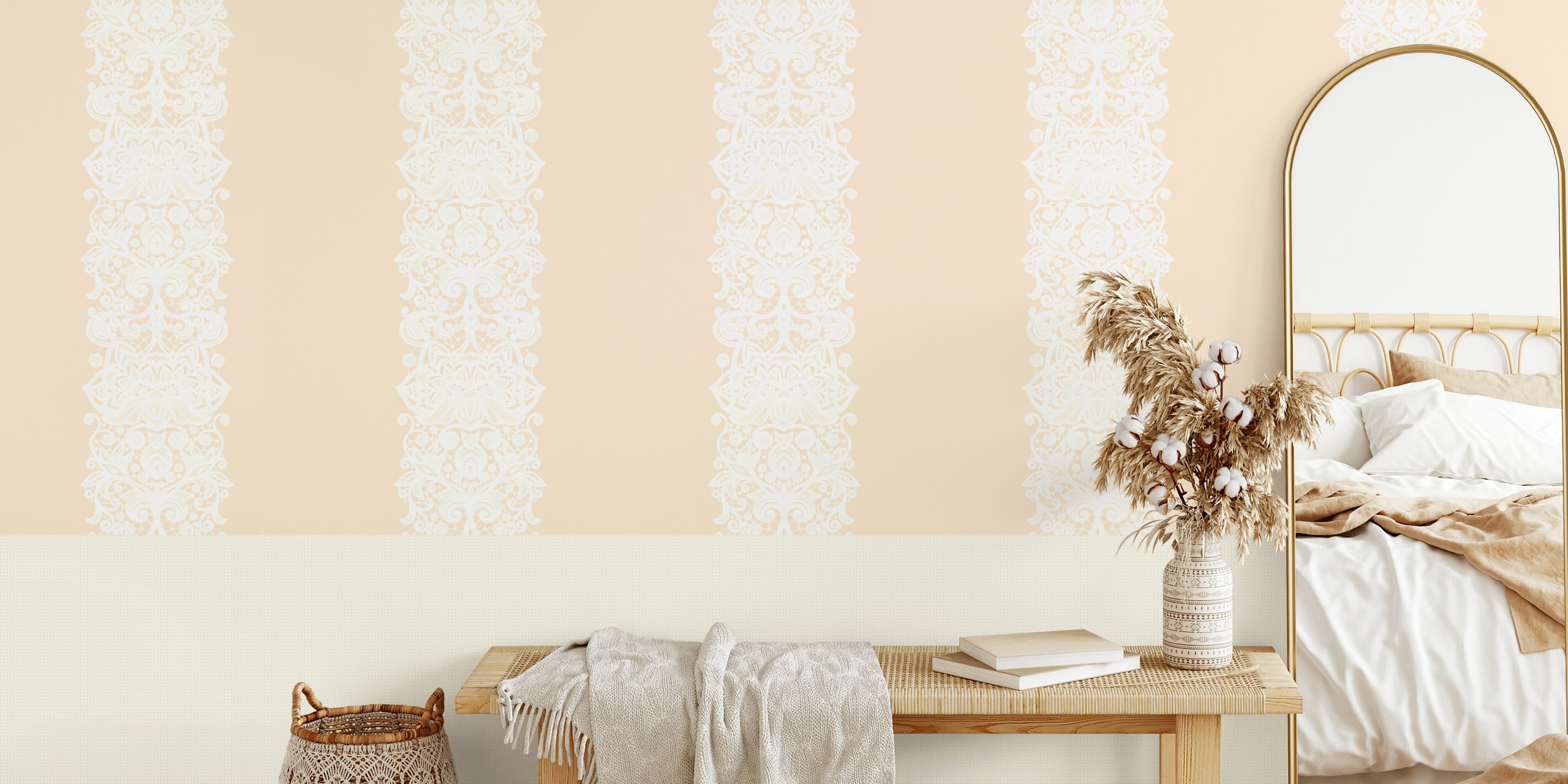 Ταπετσαρία White Lace Stripes σε ροδακινί φόντο