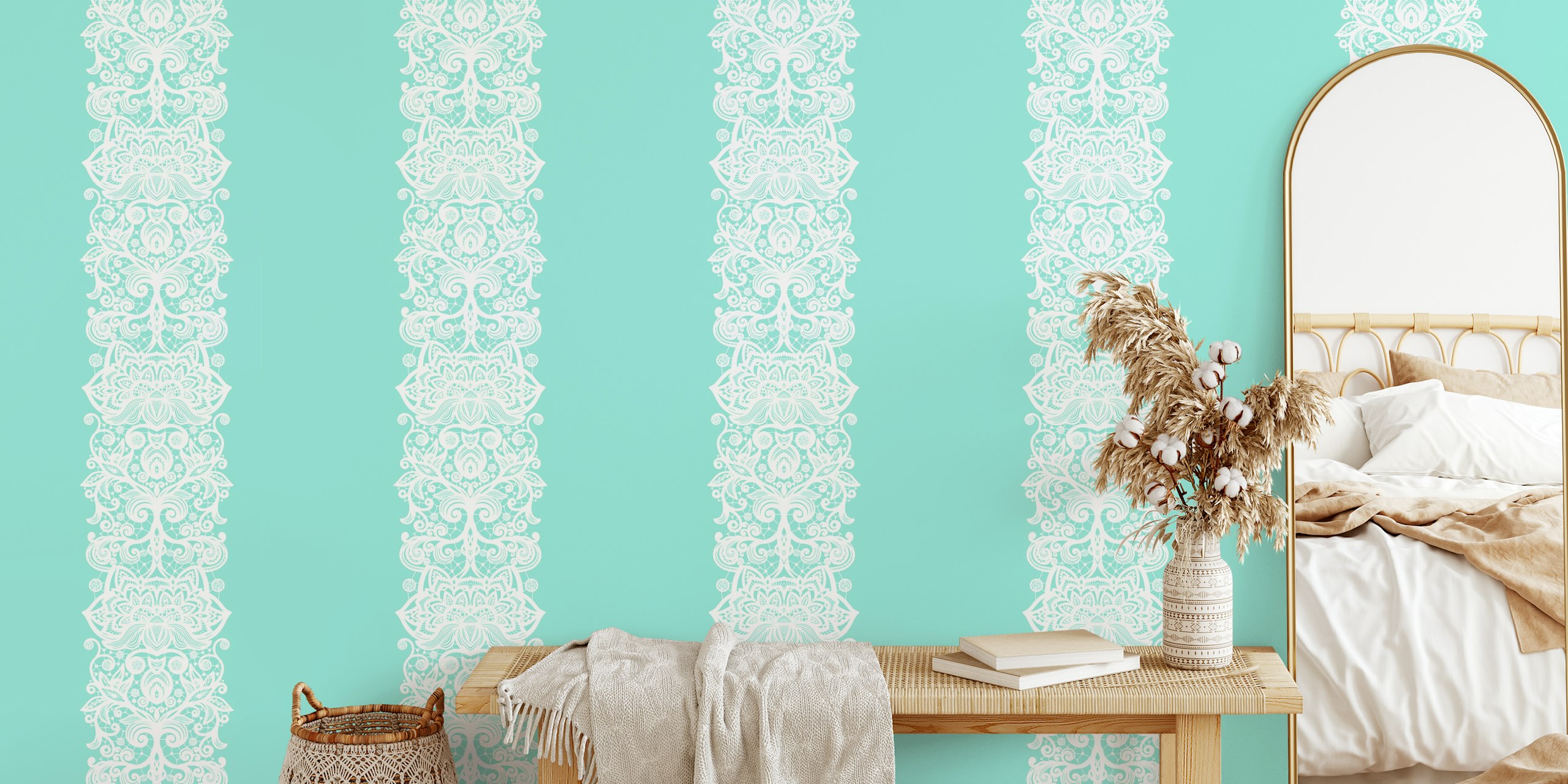 Ταπετσαρία με White Lace Stripes on Turquoise