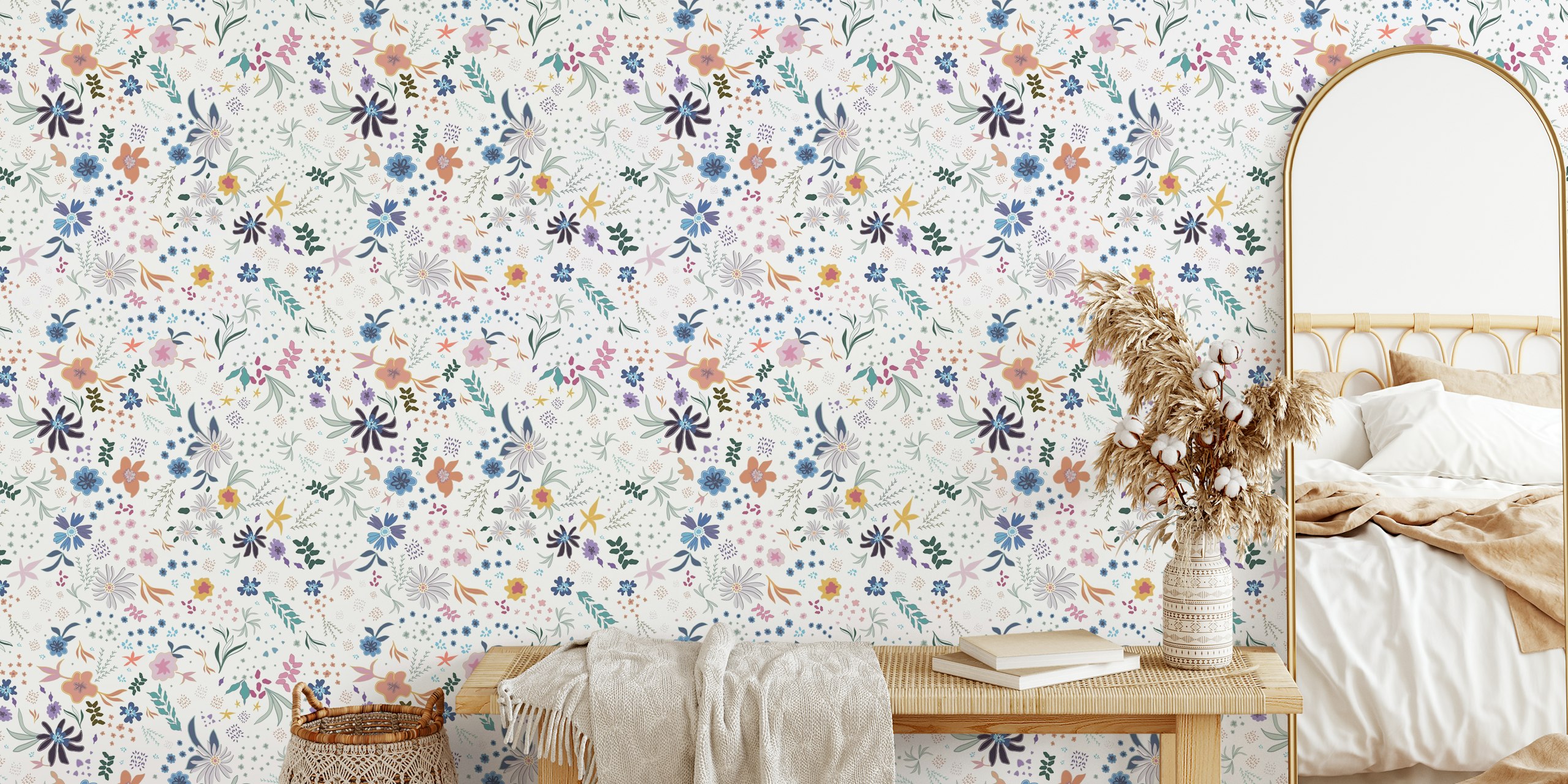 Colorful floral patterns on a white background wallpaper