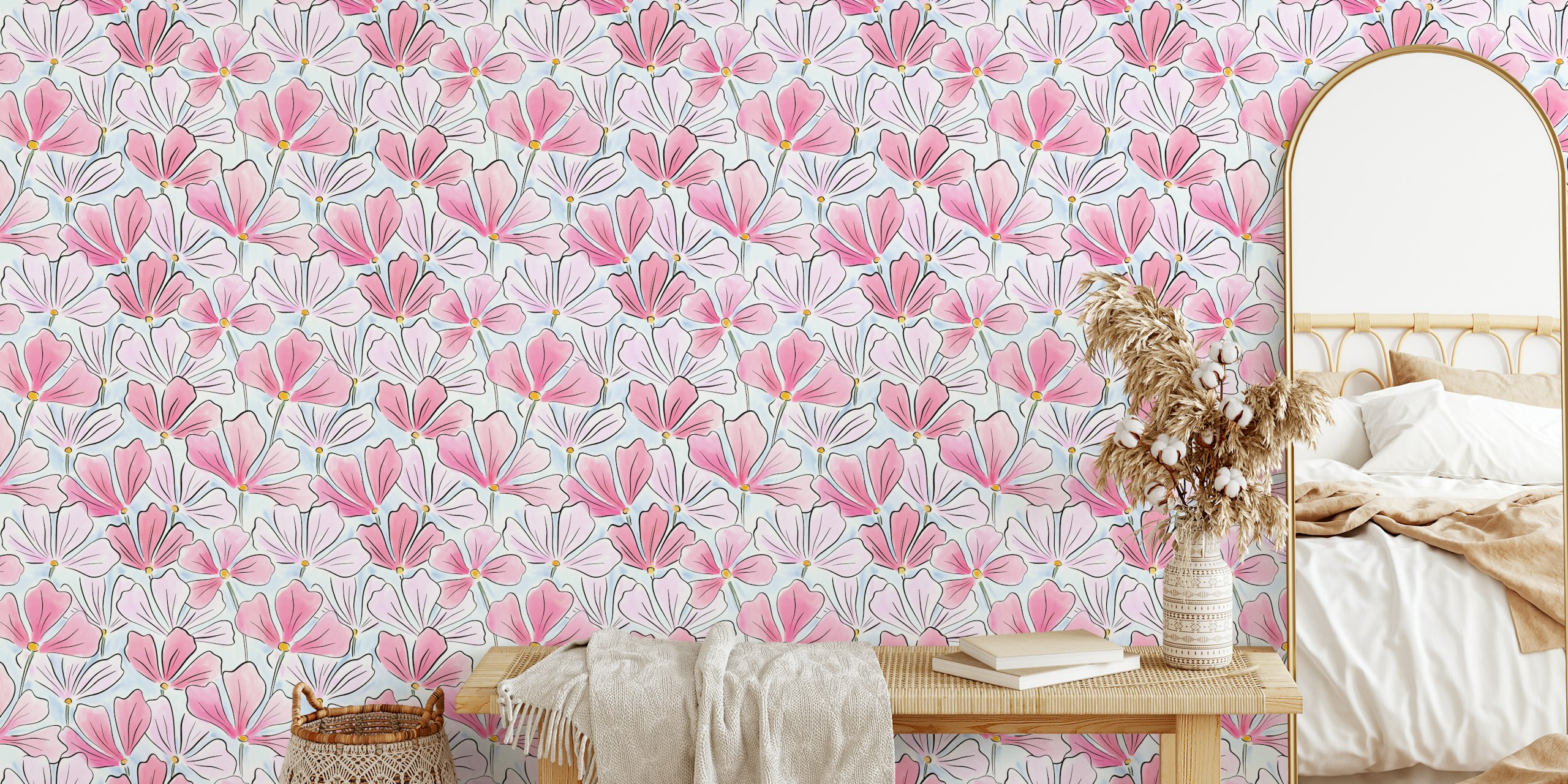 Watercolour Cherry Blossom Bliss wallpaper in a room