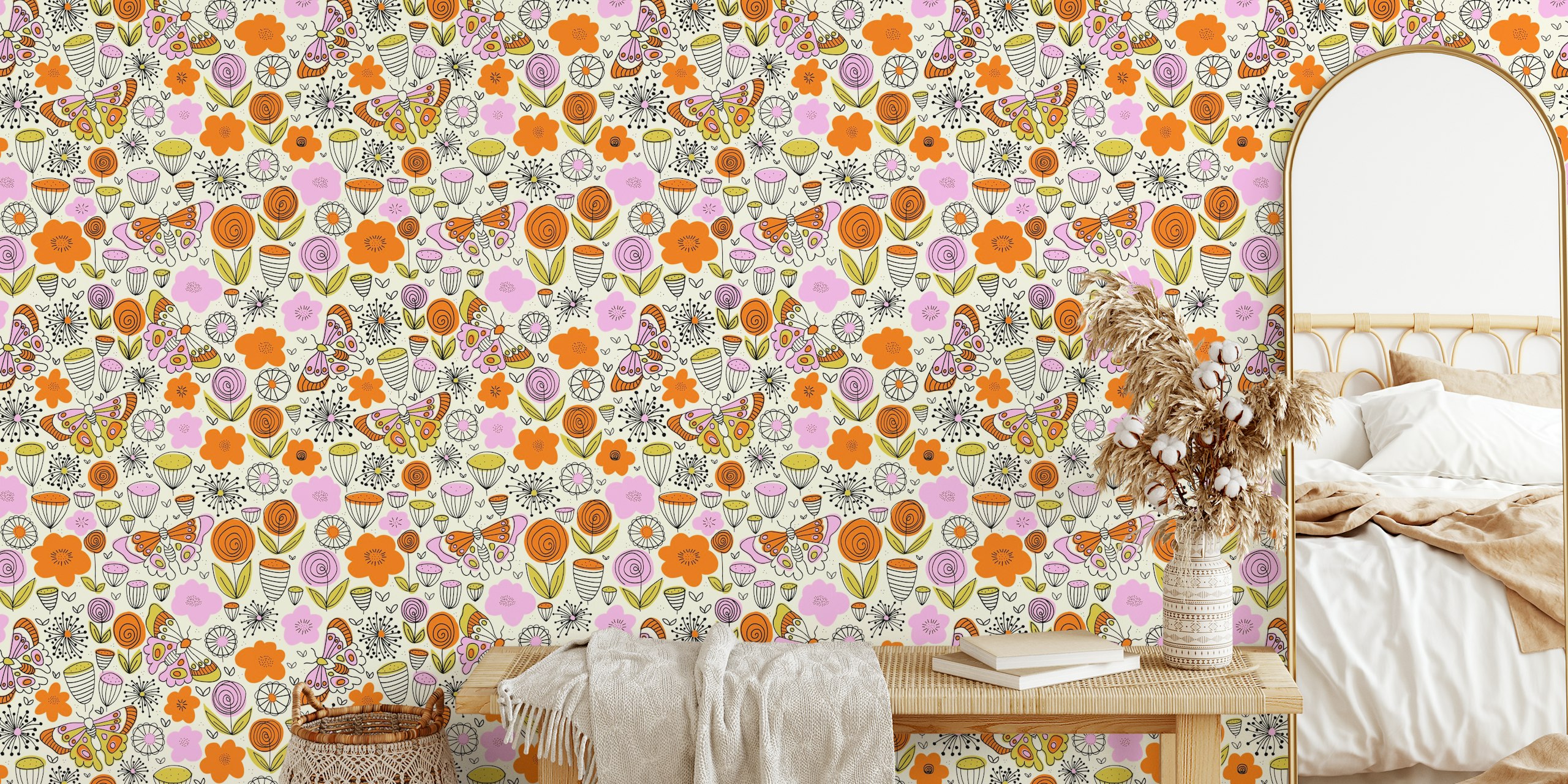 Tapet med Butterflies in the Garden Doodle Line Art