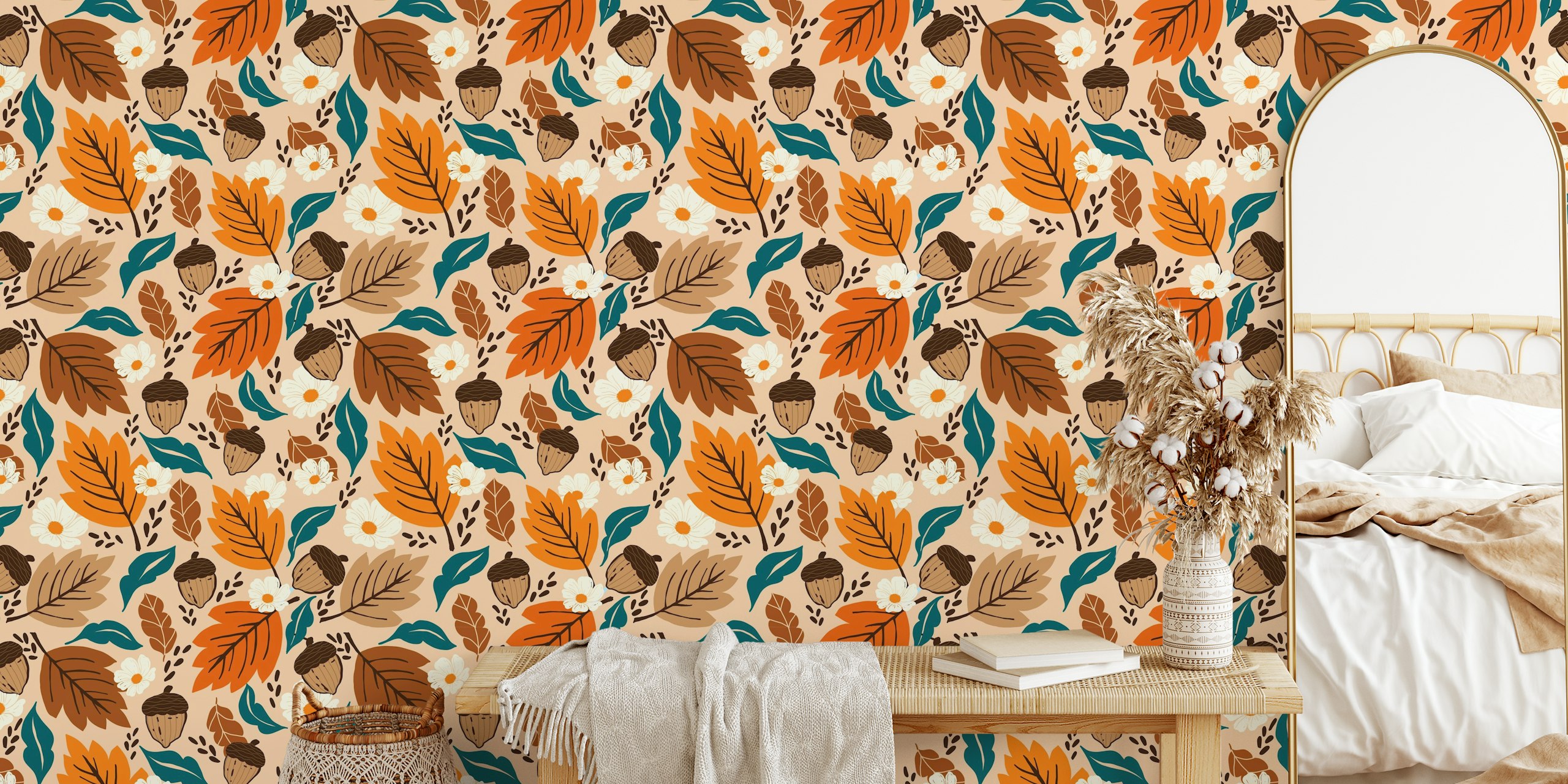 Floral patterns with orange and brown leaves, white flowers, and acorns on a beige background wallpaper.