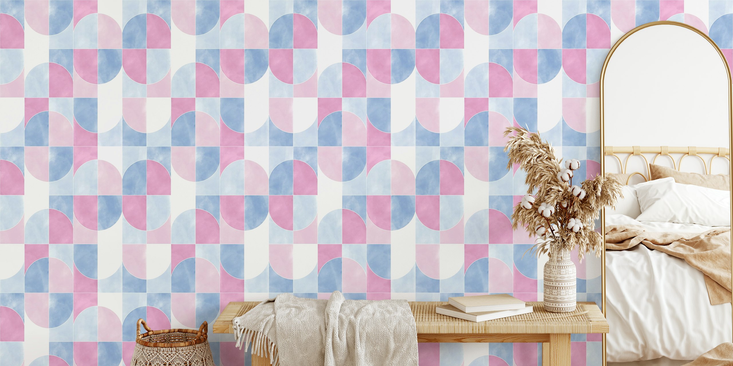 Soft pastel pink and blue geometric shapes wallpaper
