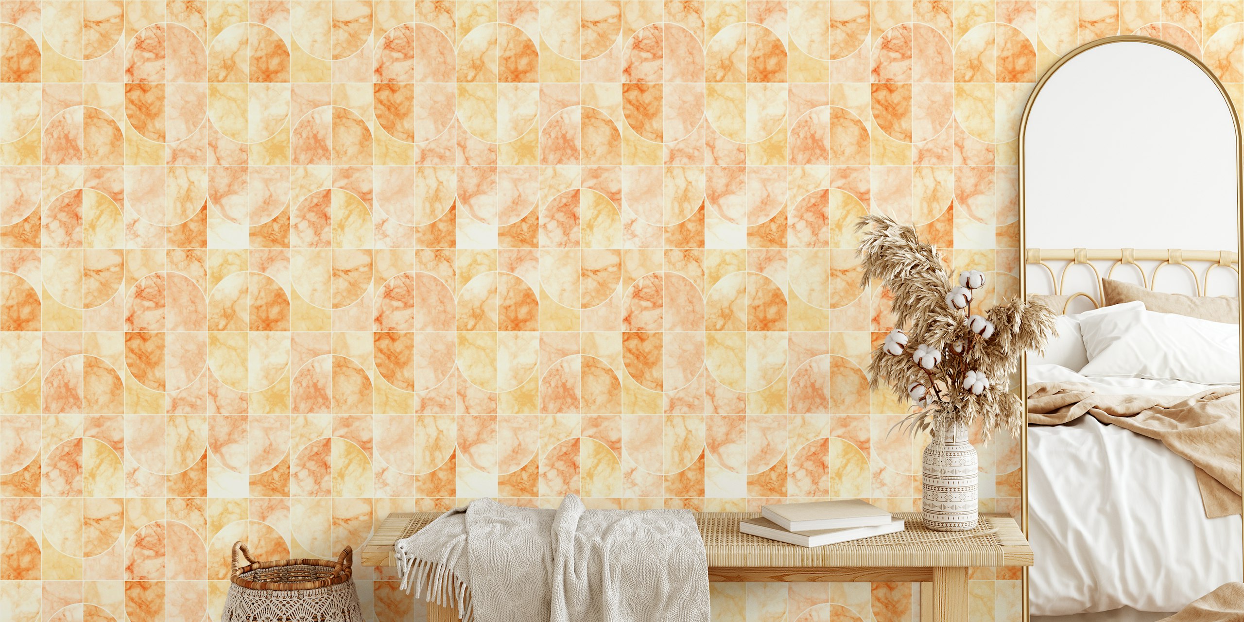 Marbled Geo Tiles Orangish wallpaper in a room