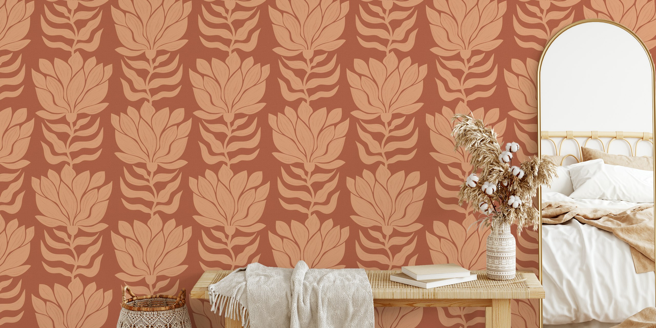 Wavy Boho Abstract Modern Flowers Terracotta tapeta