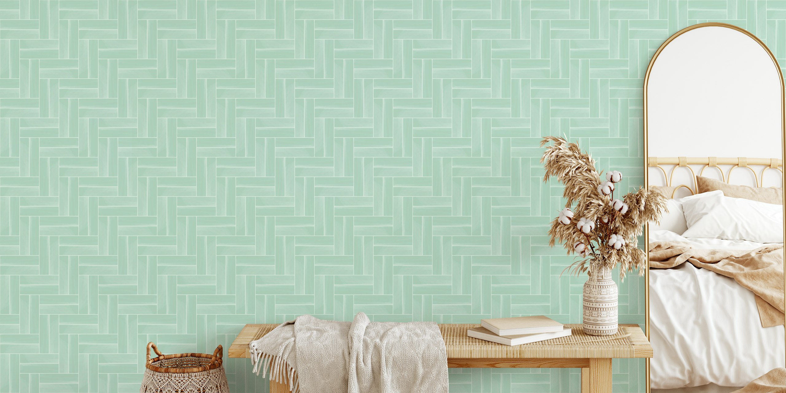 Mint green herringbone tile pattern wallpaper