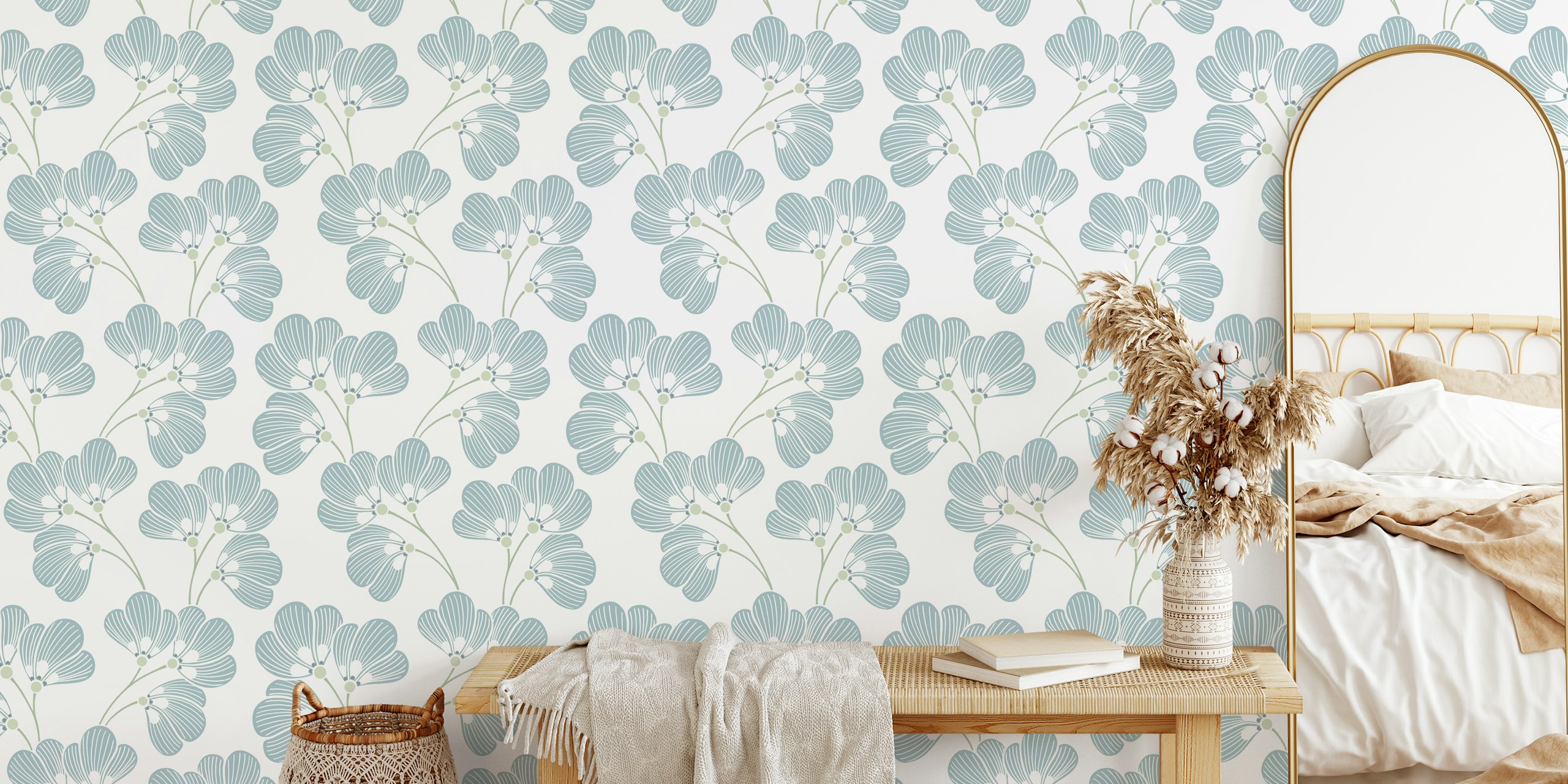 Mia Sage and Blue Striped Leaves papel pintado en una habitación