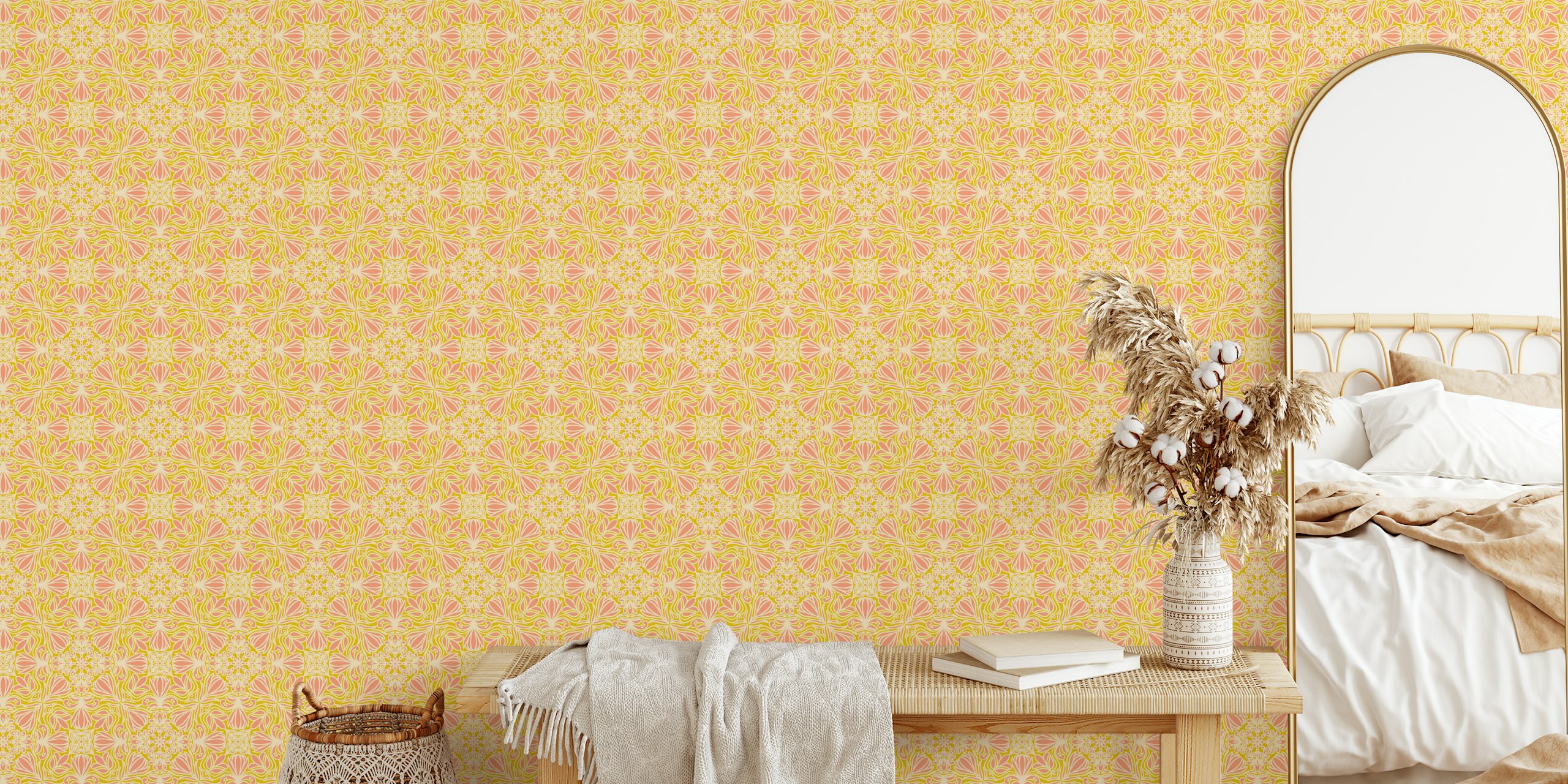 Coral and gold floral tile pattern wallpaper