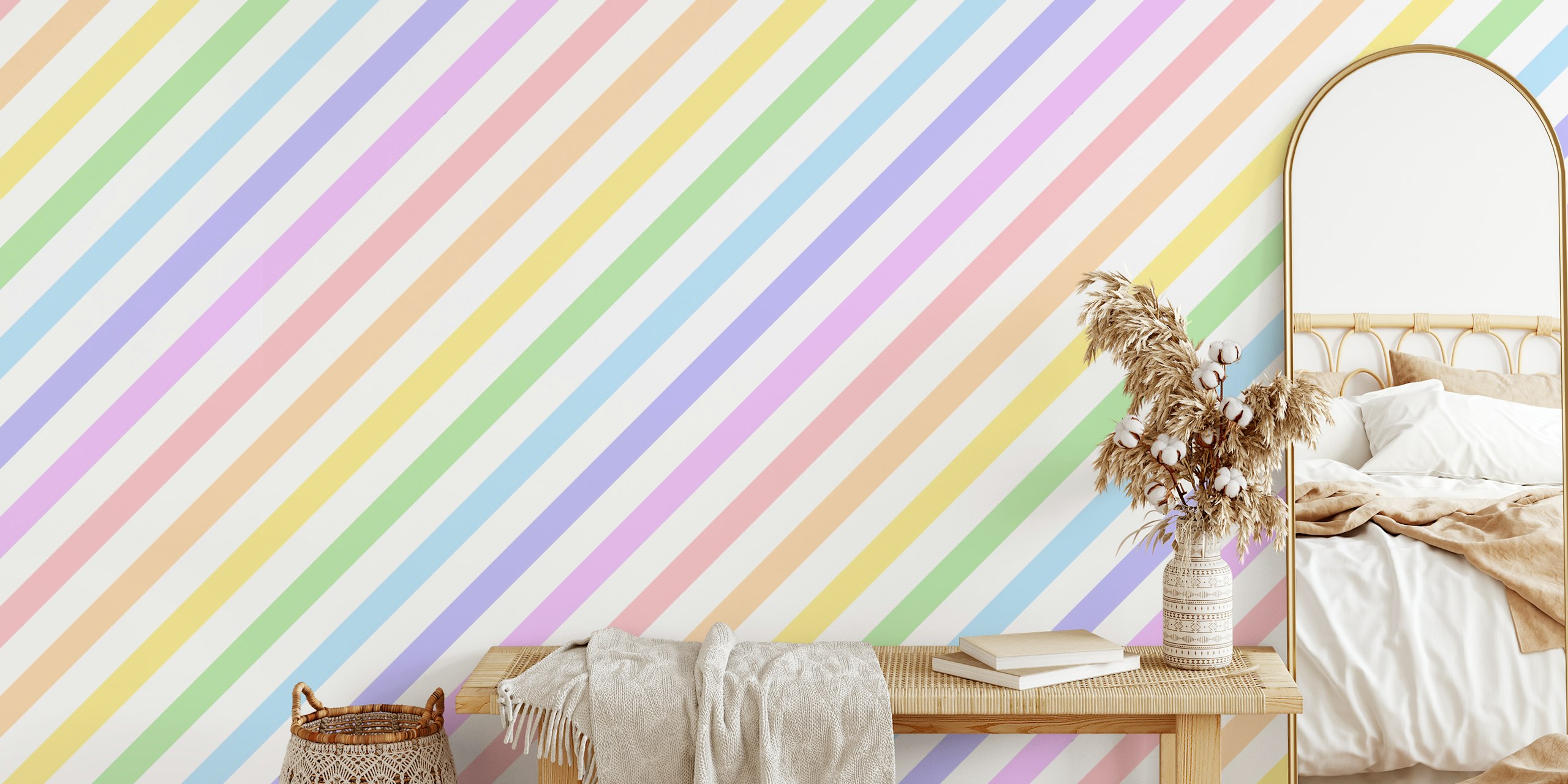 Papel de parede Diagonal Pastel Rainbow Stripes em um quarto