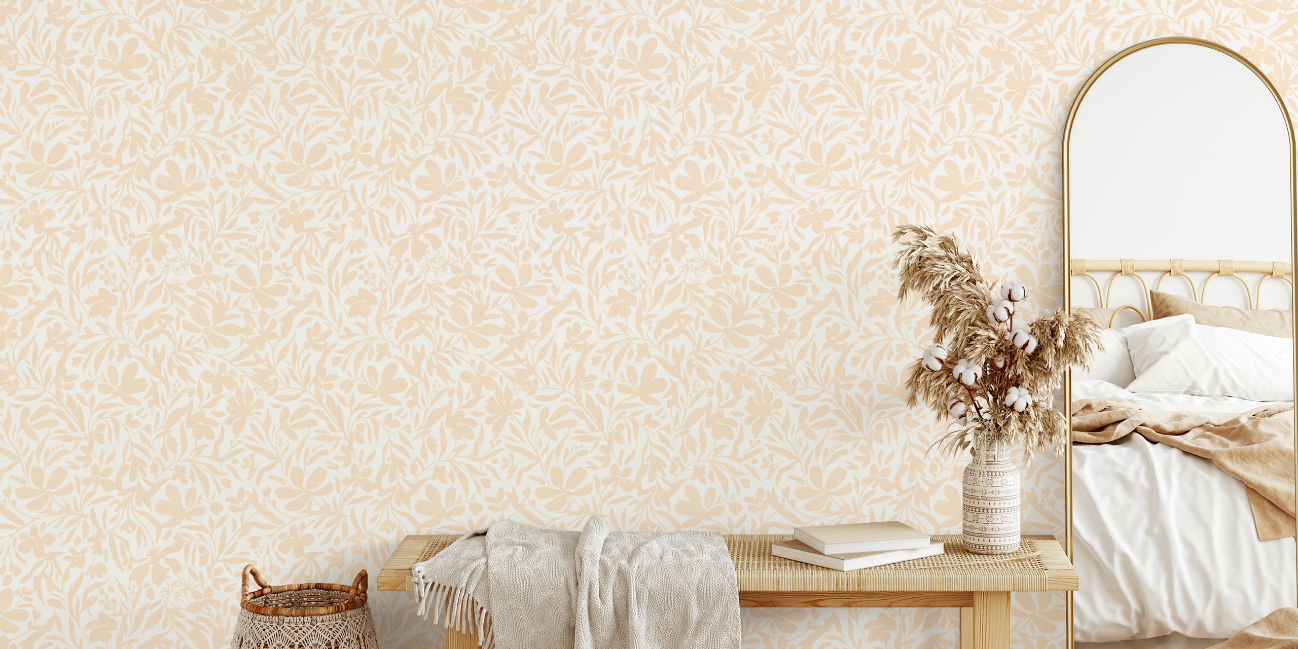 Warm beige floral wallpaper in a room