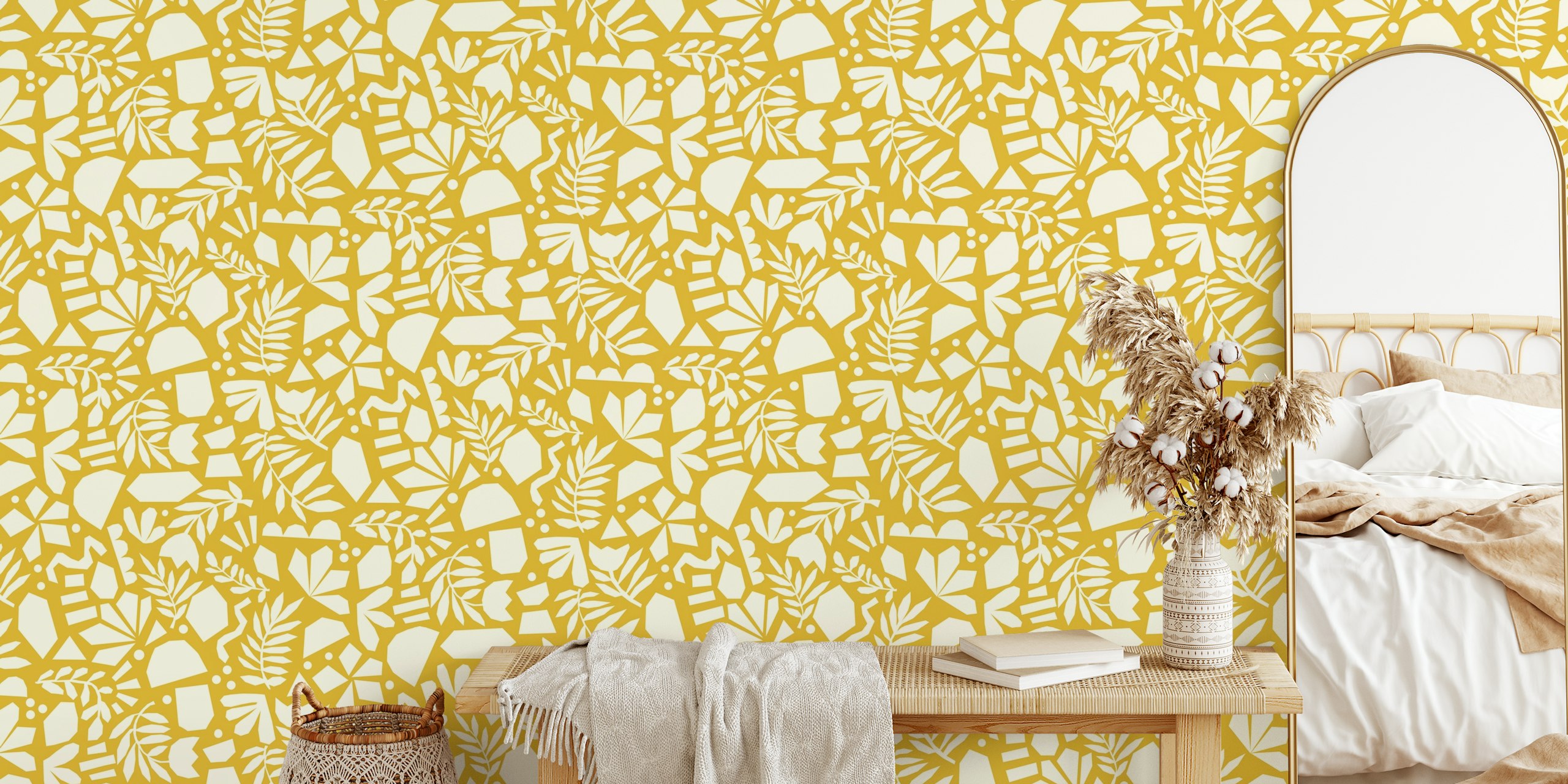 Ochre yellow floral abstract wallpaper with white botanical shapes