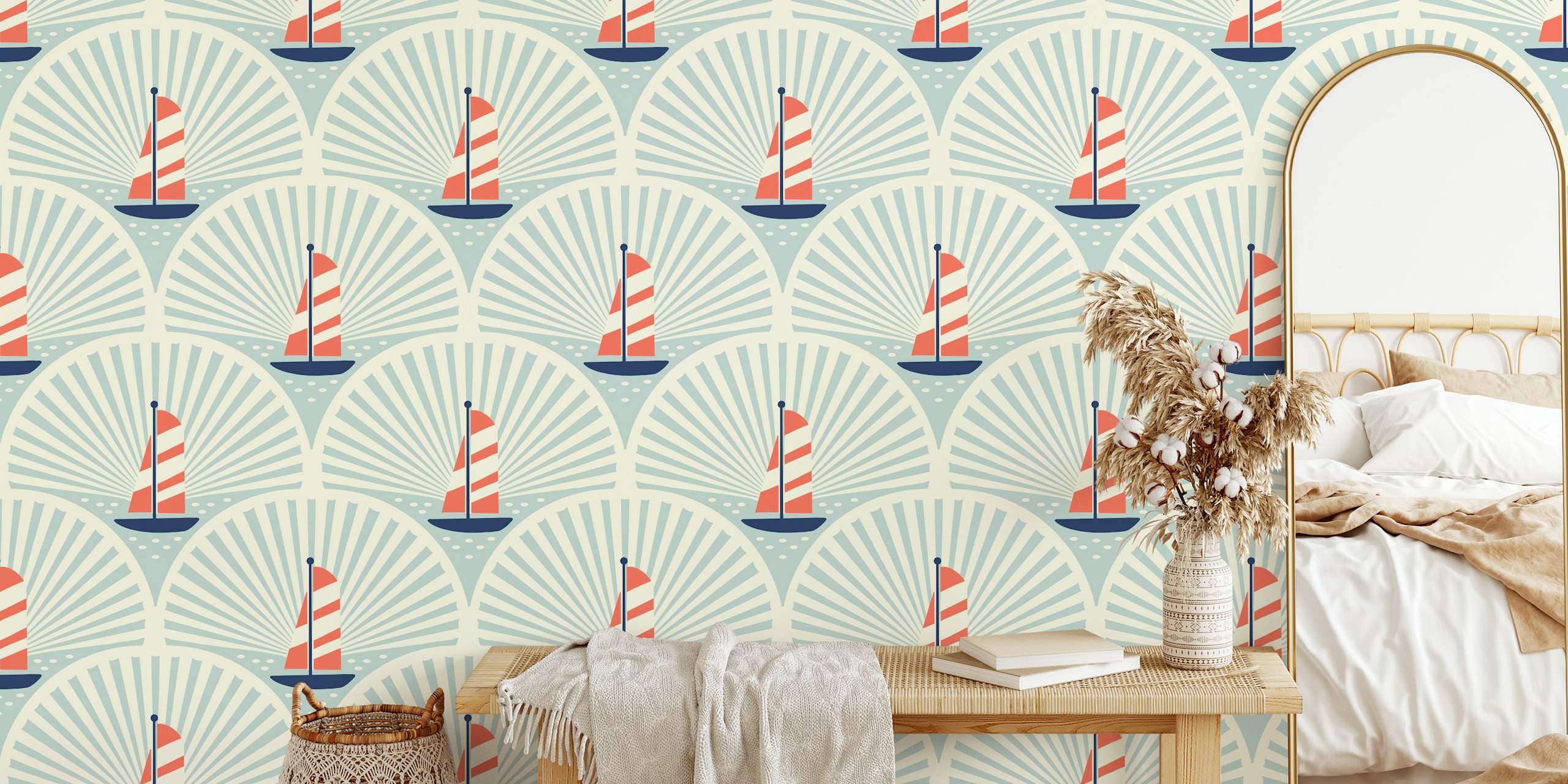 Sailboats with red sails on blue background wallpaper