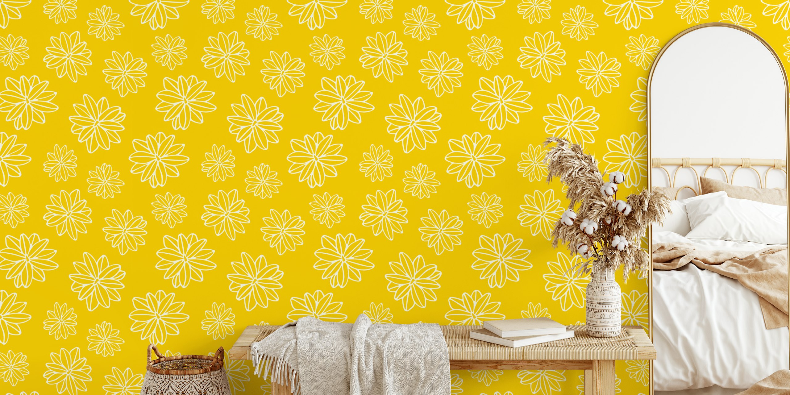 Yellow and white floral design wallpaper