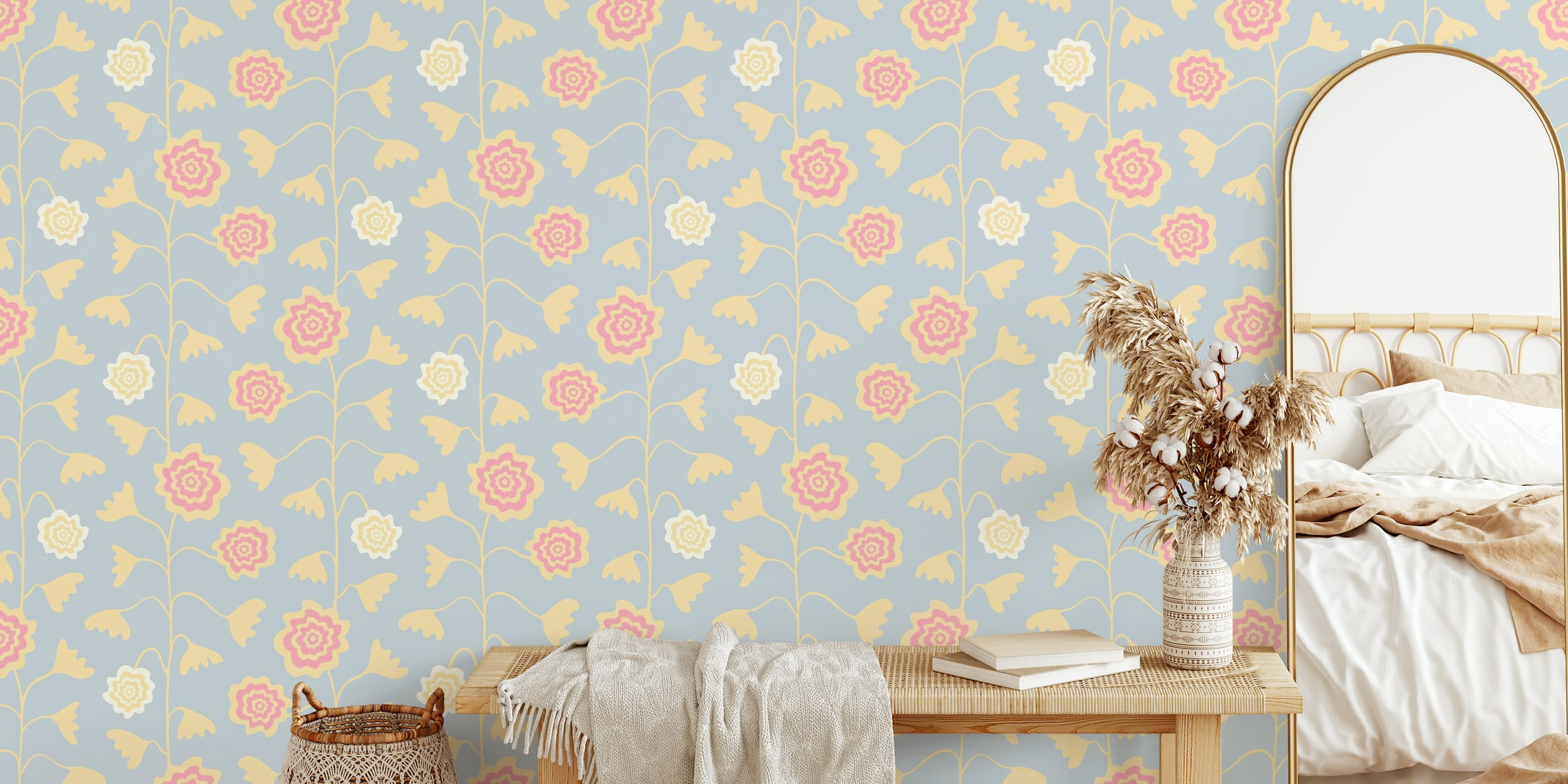 Floral pattern featuring lavender, pink, and cream colors wallpaper