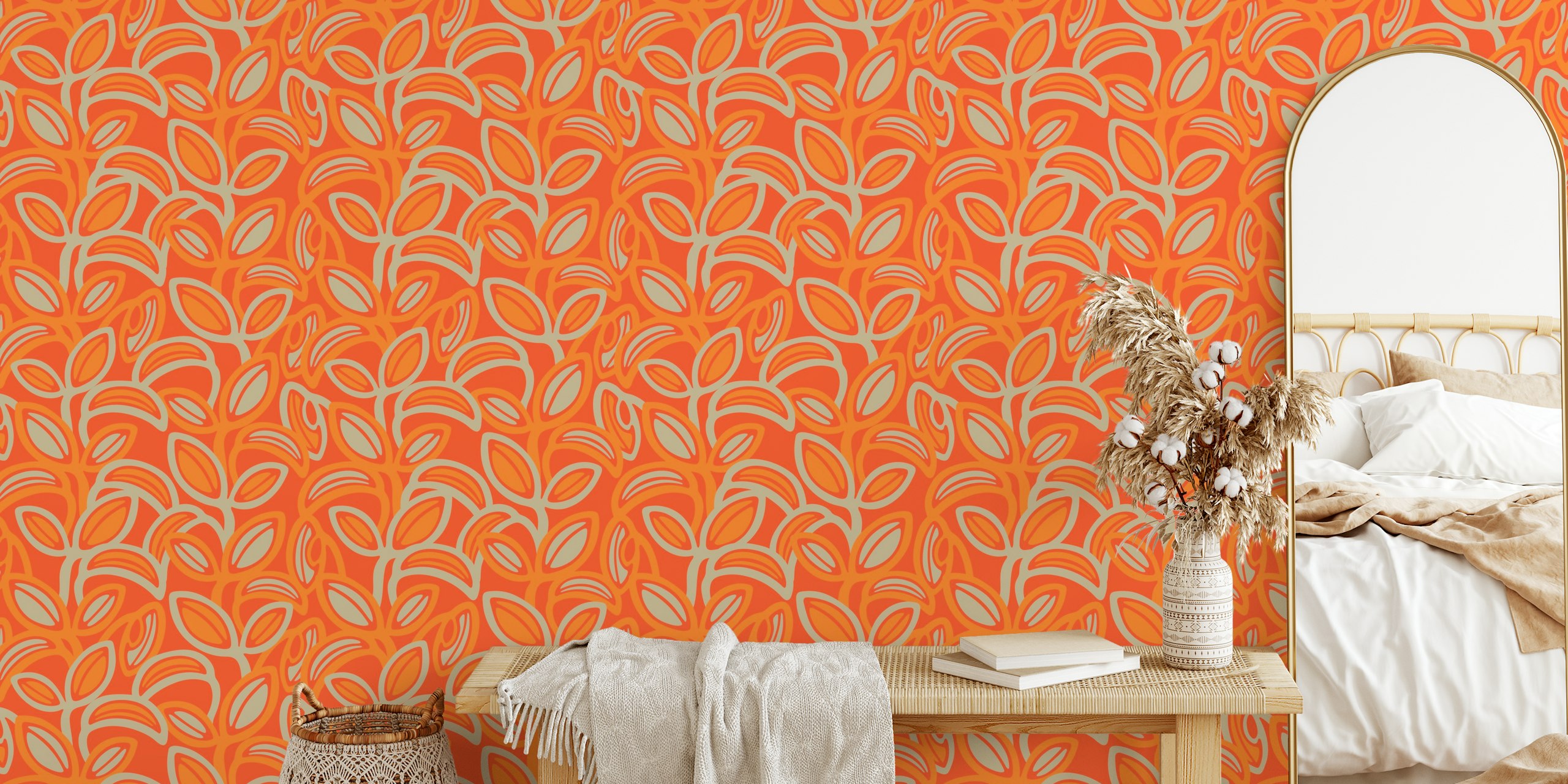 Colorful retro leaves pattern in orange and beige wallpaper