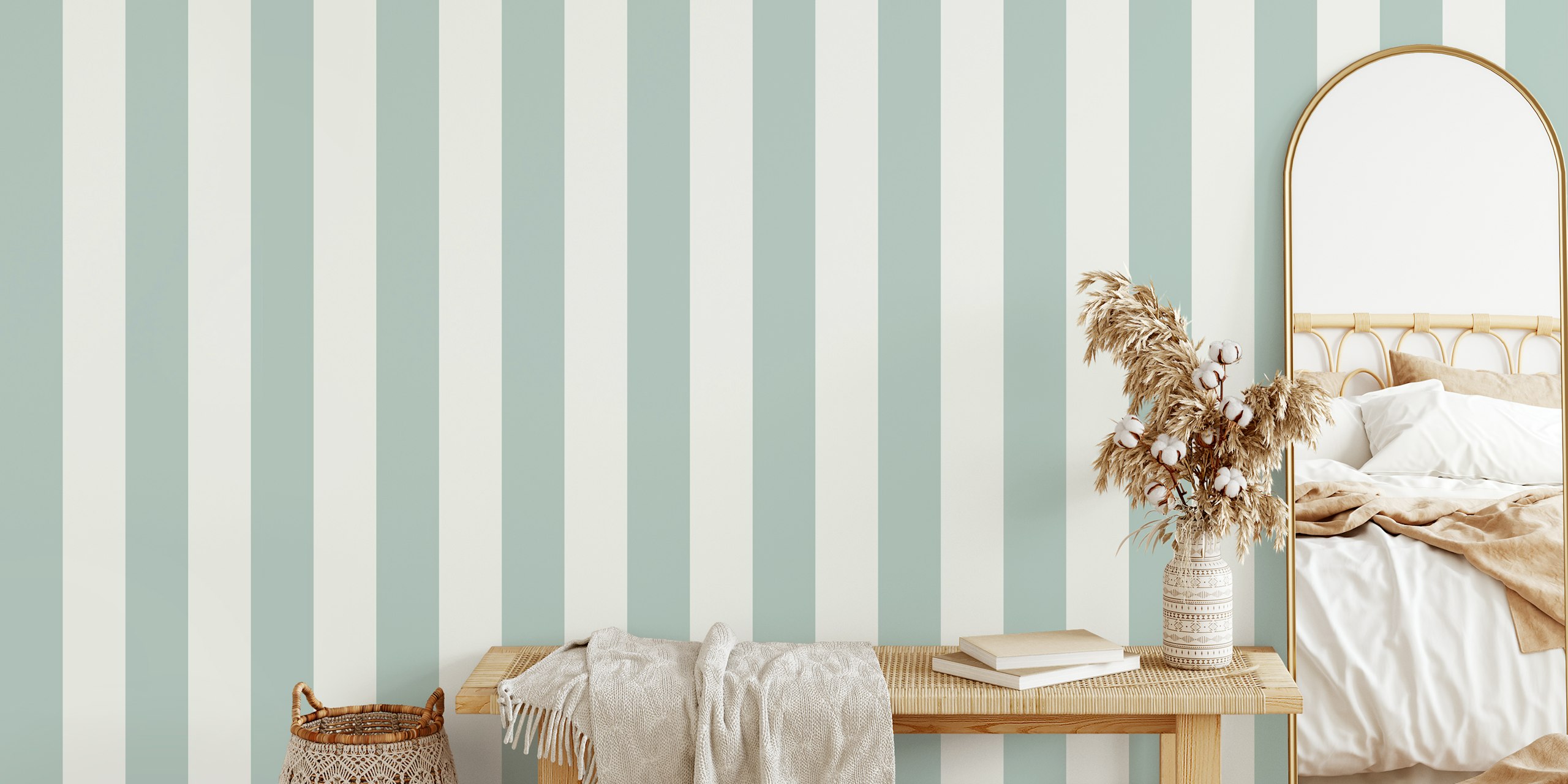 Sage green and gray striped wallpaper in a soft Scandi style
