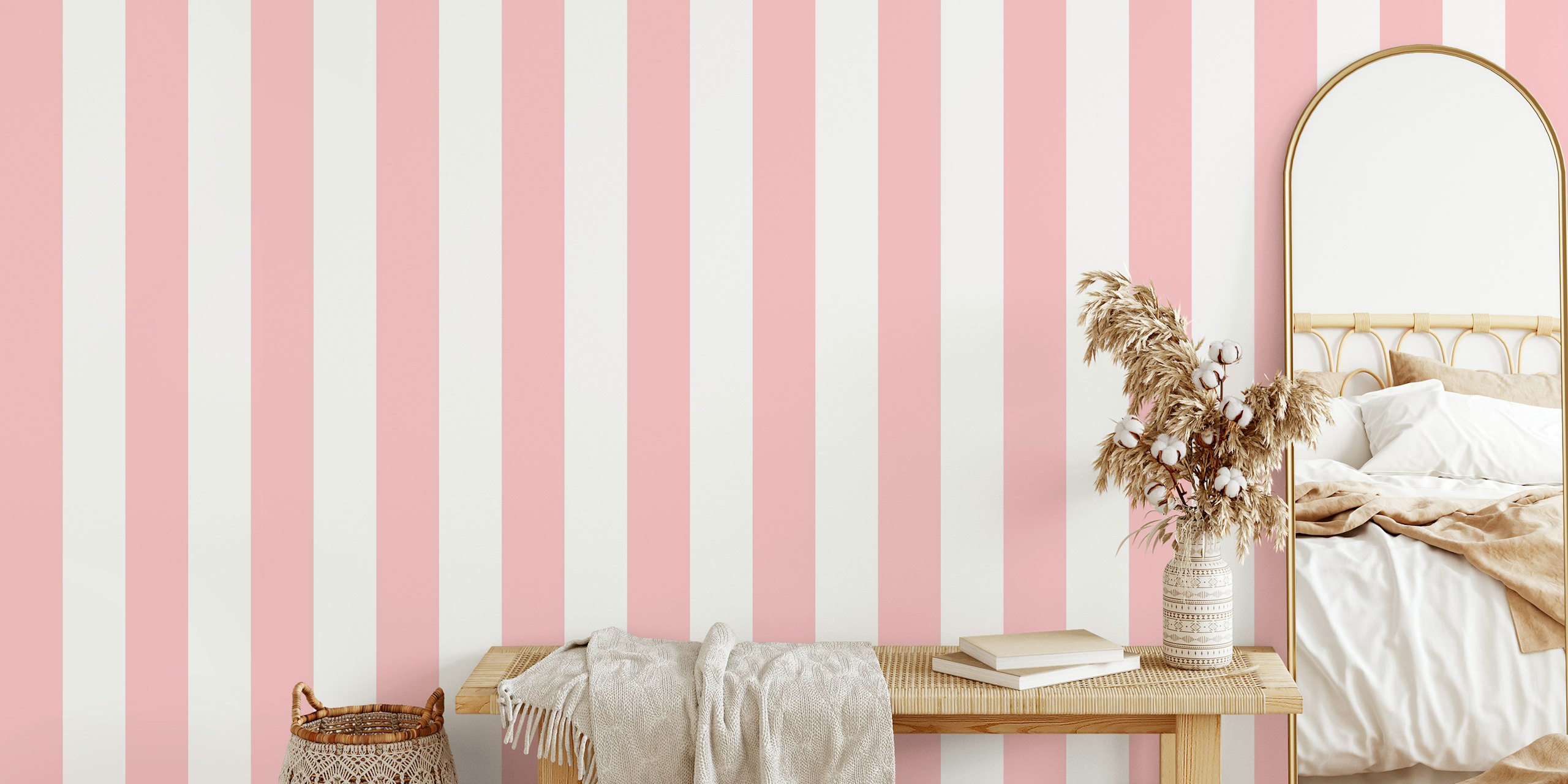 Pink blush and cream striped nursery wallpaper