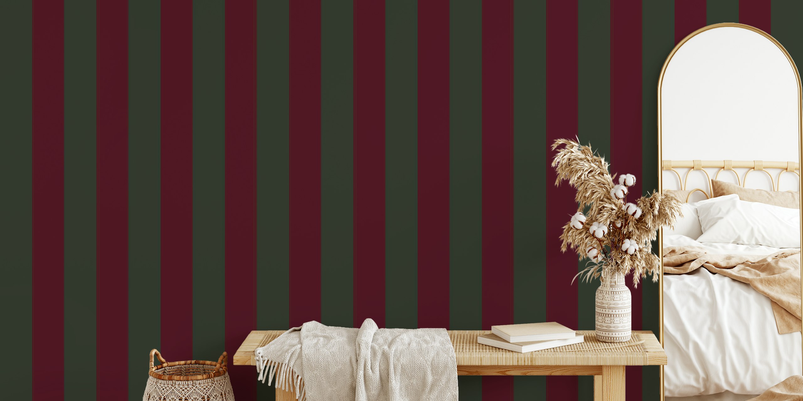 Dark green and burgundy boho stripes wallpaper