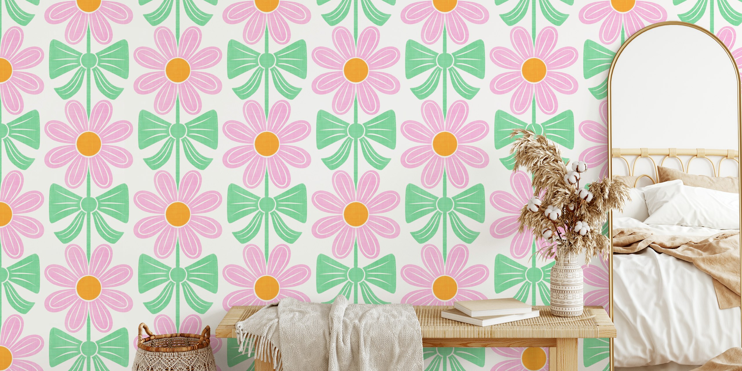 Floral tapetdesign med rosetter i ett rum
